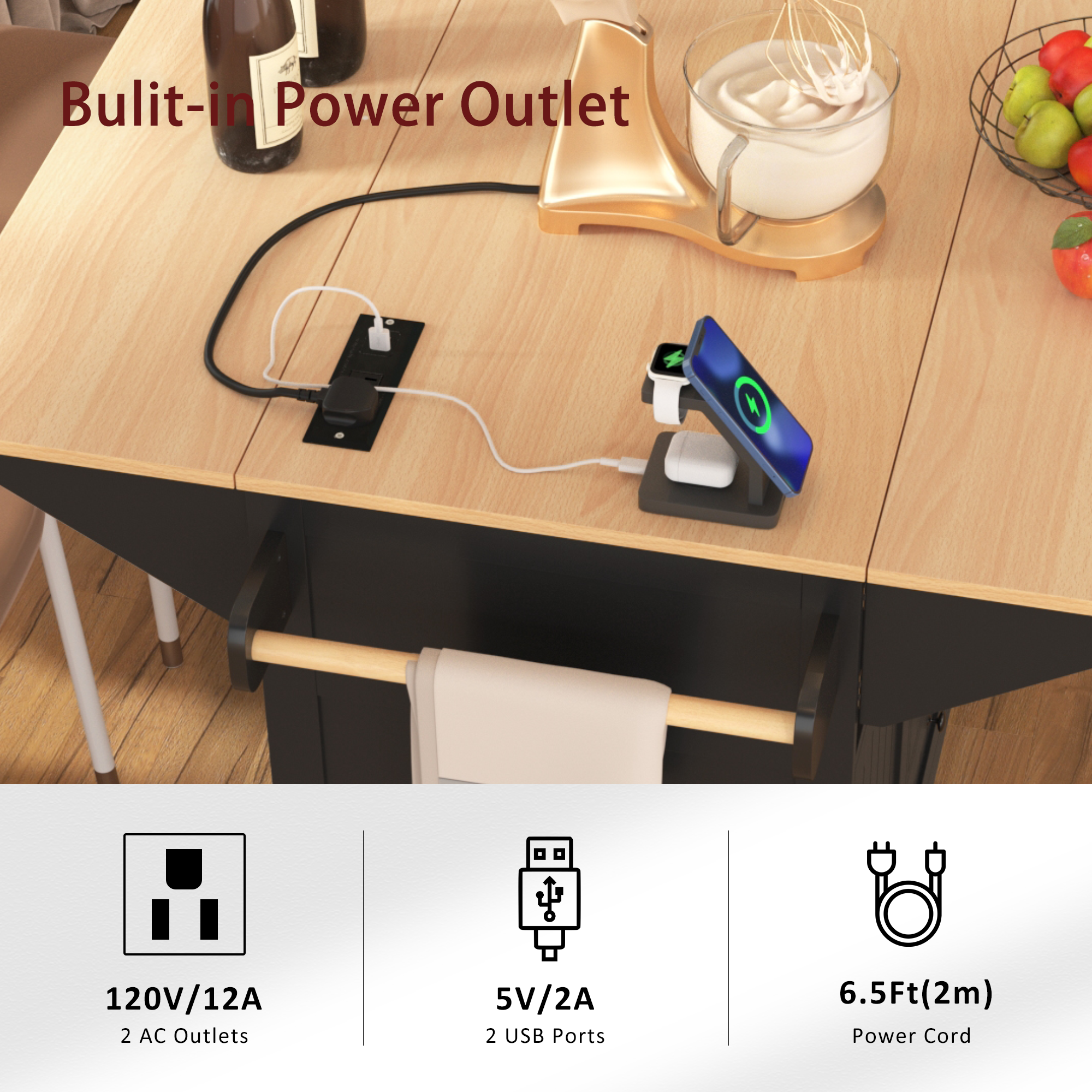 koorbiir k2 K&K 55.7" Large Kitchen Island with Storage, 2 Drop Leaves, Rolling Kitchen Cart with Power Outlet, Folding Dining Table, 3 Drawers & Spice/Towel Rack ¨C Mobile Kitchen Storage for Kitchen & Dining Room, Black