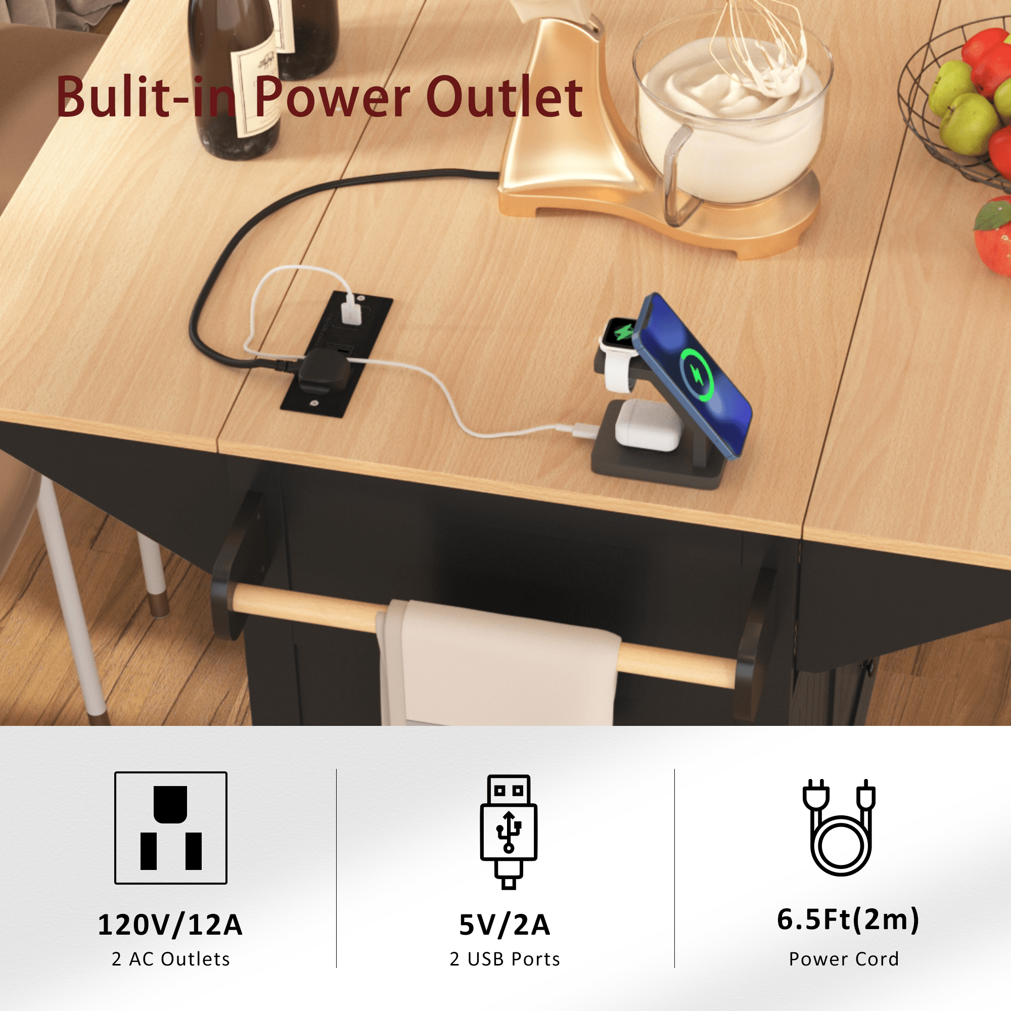 koorbiir k2 K&K 55.7" Large Kitchen Island with Storage, 2 Drop Leaves, Rolling Kitchen Cart with Power Outlet, Folding Dining Table, 3 Drawers & Spice/Towel Rack ¨C Mobile Kitchen Storage for Kitchen & Dining Room, Black - Koorbiir