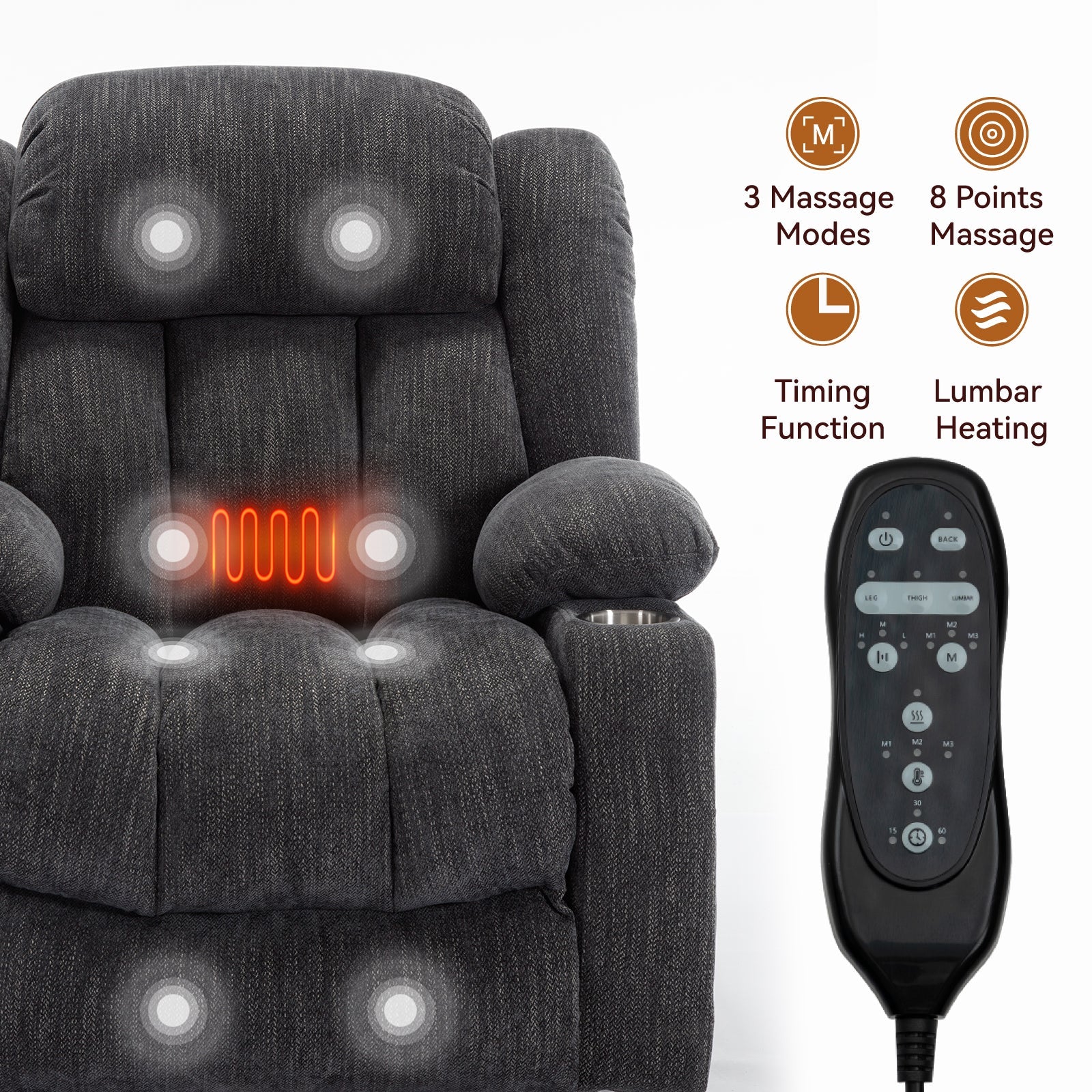 Up to 350 LBS Chenille Power Lift Massage Chair with 8 - Point Vibration, Lumbar Heating, USB & Type - C Ports, Stainless Steel Cup Holders ¨C Blue - Koorbiir