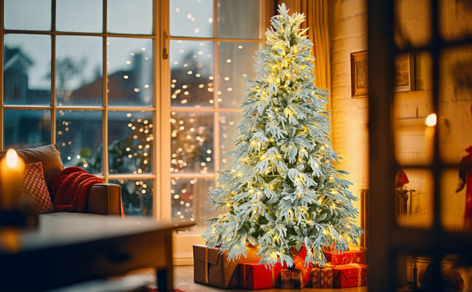 koorbiir ar1 6FT Pre-Lit Artificial Snow Flocked Christmas Tree, Hinged Xmas Tree with 300 Multi-Color LED Lights, 8 Flashing Modes & 790 Snow Branch Tips for Holiday Home & Office D¨¦cor