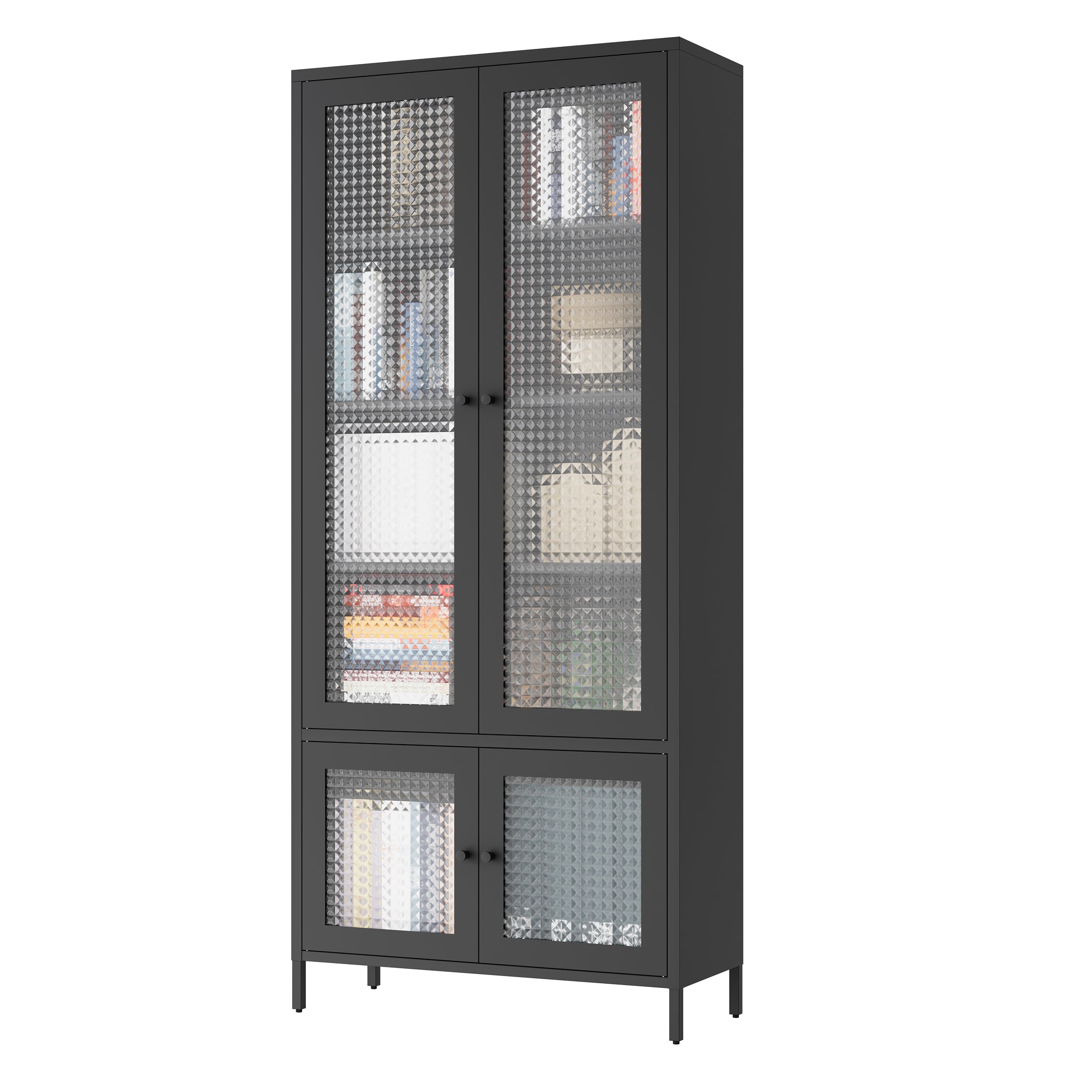 Large Metal Storage & Office Cabinet with 4 Waffle-Grid Tempered Glass Doors, 5 Adjustable Shelves ¨C Freestanding Display Bookcase for Home, Bedroom, Living Room, Pantry, Office ¨C Black
