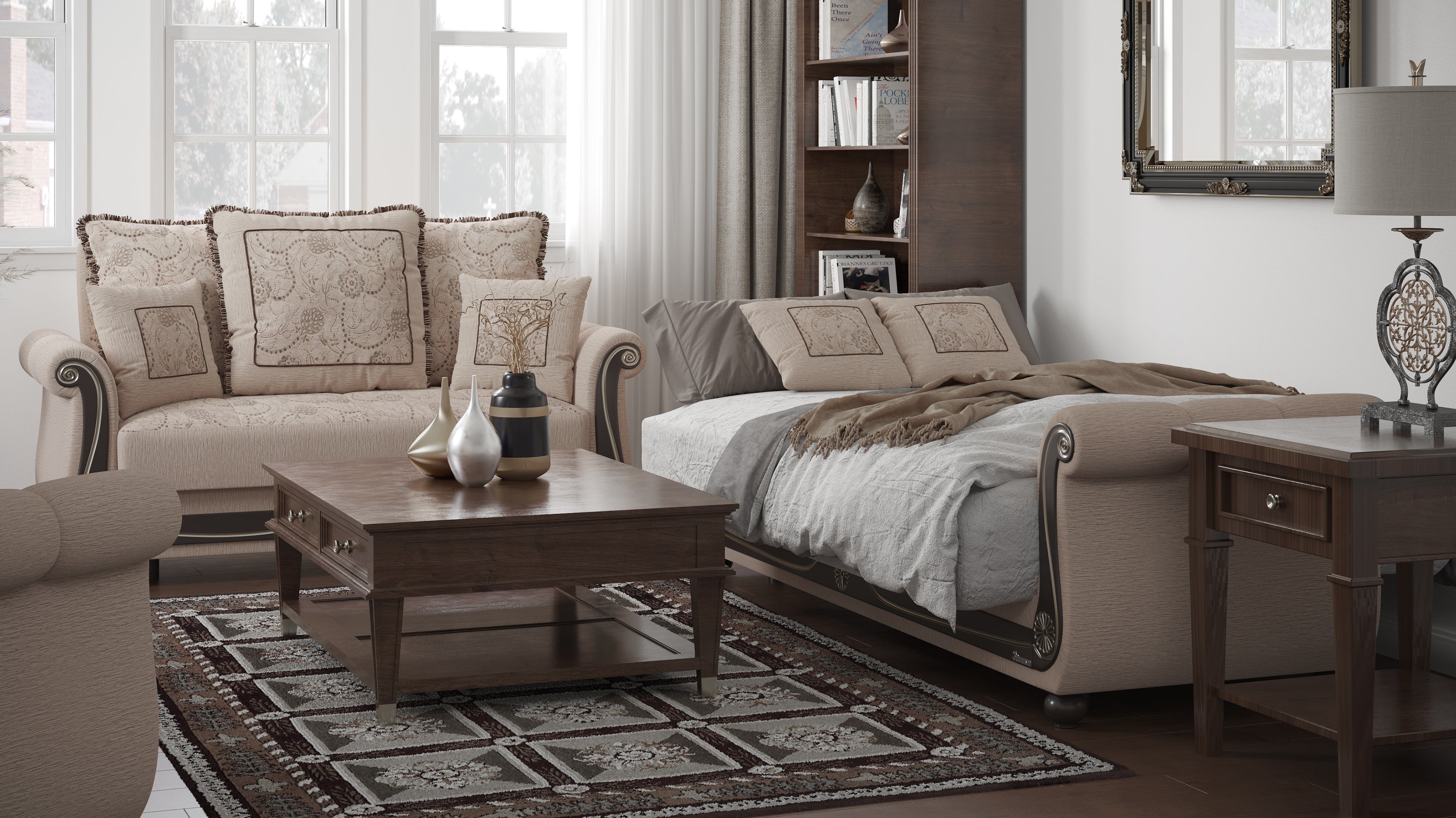 PrimeNest Timberline Collection Convertible Sofabed with Storage, Upholstered Sleeper Sofa Bed Beige ¨C Bedding Collections for Living Room & Small Spaces