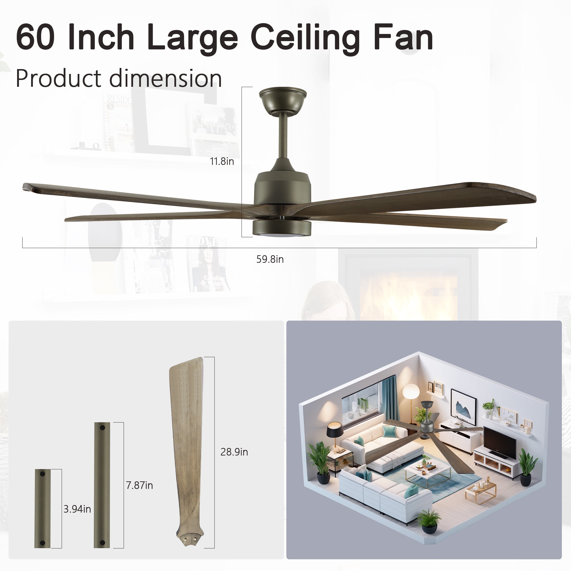 koorbiir L5 65 - Inch Black Ceiling Fan with Dimmable LED Lighting, 5 - Blade Quiet DC Motor Fan with Remote ¨C 6 - Speed Reversible for Living Room & Bedroom - Koorbiir