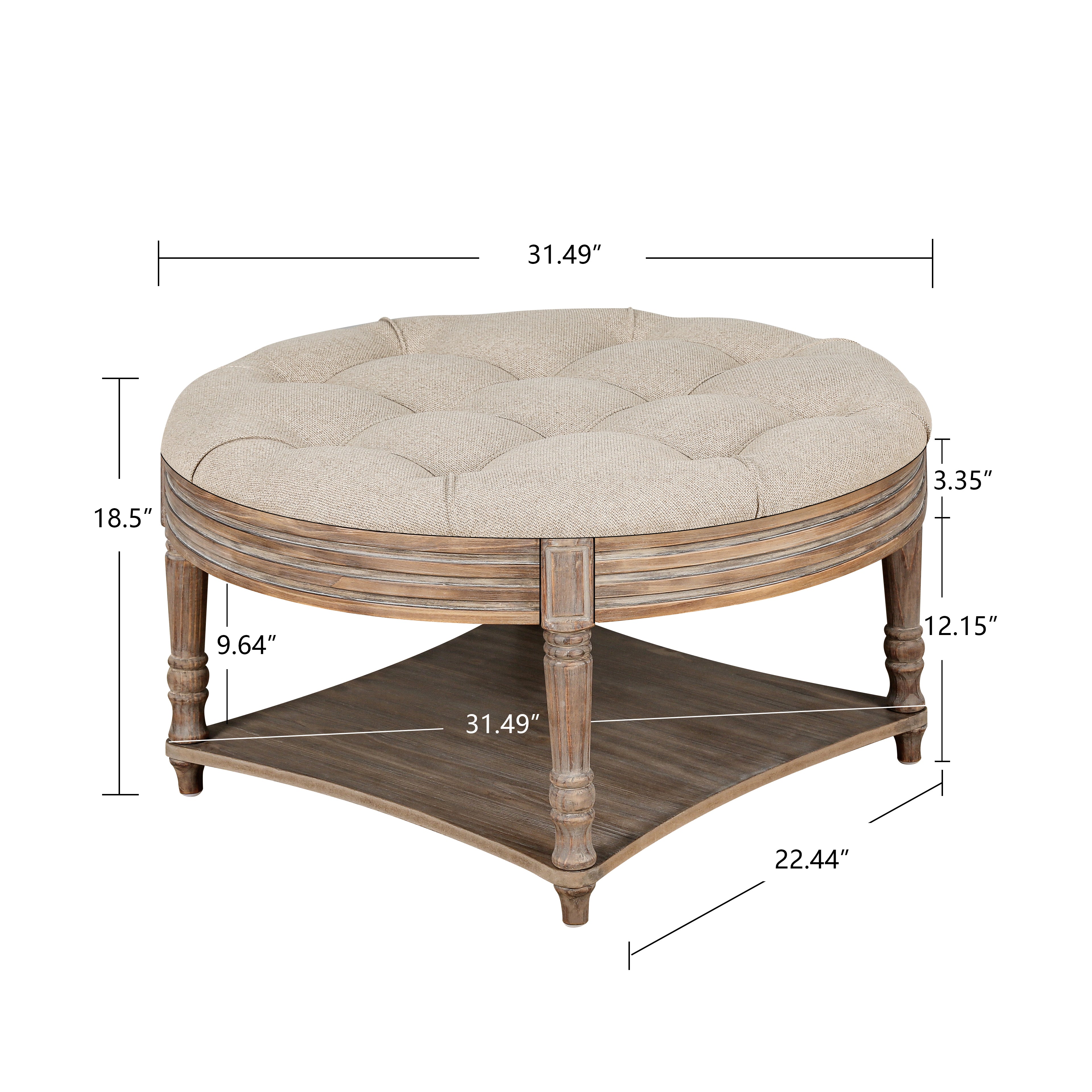 koorbiir ta2 Large Round Waterproof Ottoman Coffee Table with 2-Tier Wooden Shelf ¨C Oversized Button Tufted Upholstered Footstool Ottoman, Farmhouse Style Table Linens (Light Gray) for Living Room