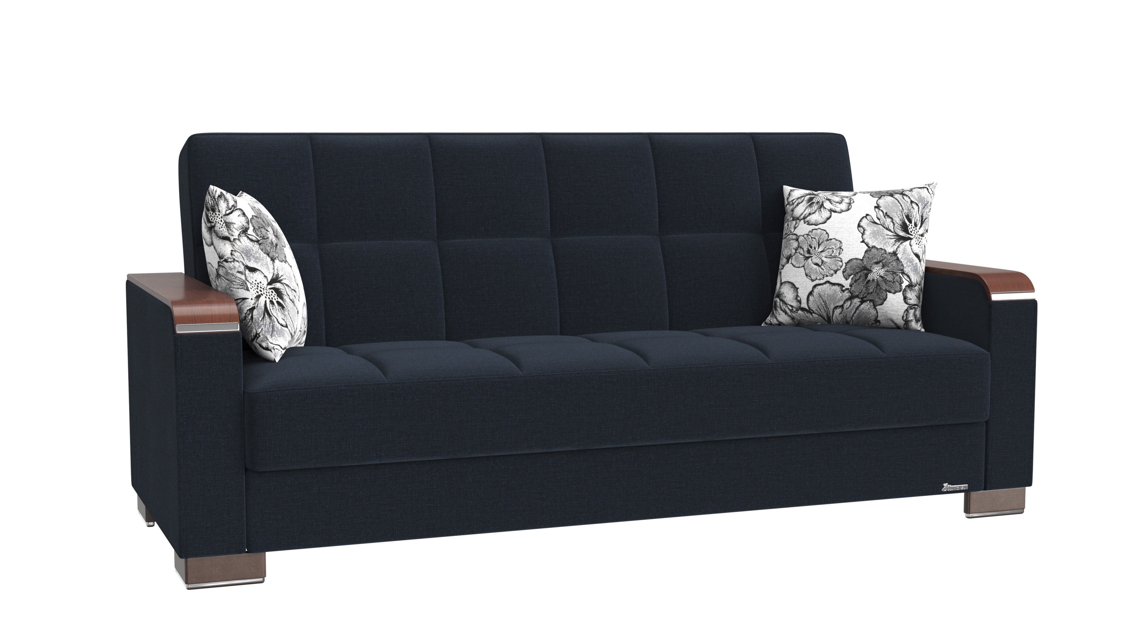 PrimeNest ZenAero Collection Convertible Wood Trimmed Upholstered Sofabed with Storage, Dark Blue Polyester Sleeper Sofa Bed for Small Spaces Living Room Furniture