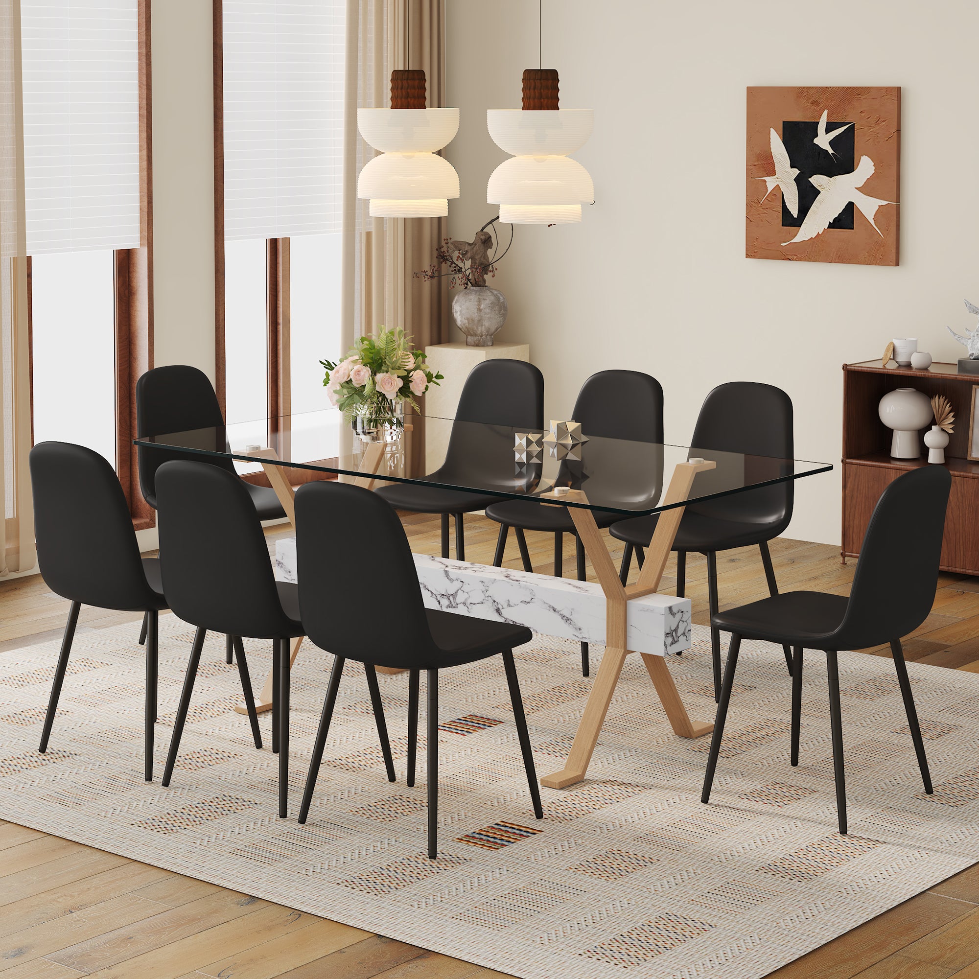 71" x 35.4" Transparent Tempered Glass Dining Table with X-Shaped Wood Color Metal Legs ¨C 6 Light Gray Linen Fabric Chairs, Modern Table Linens Set for Dining Room
