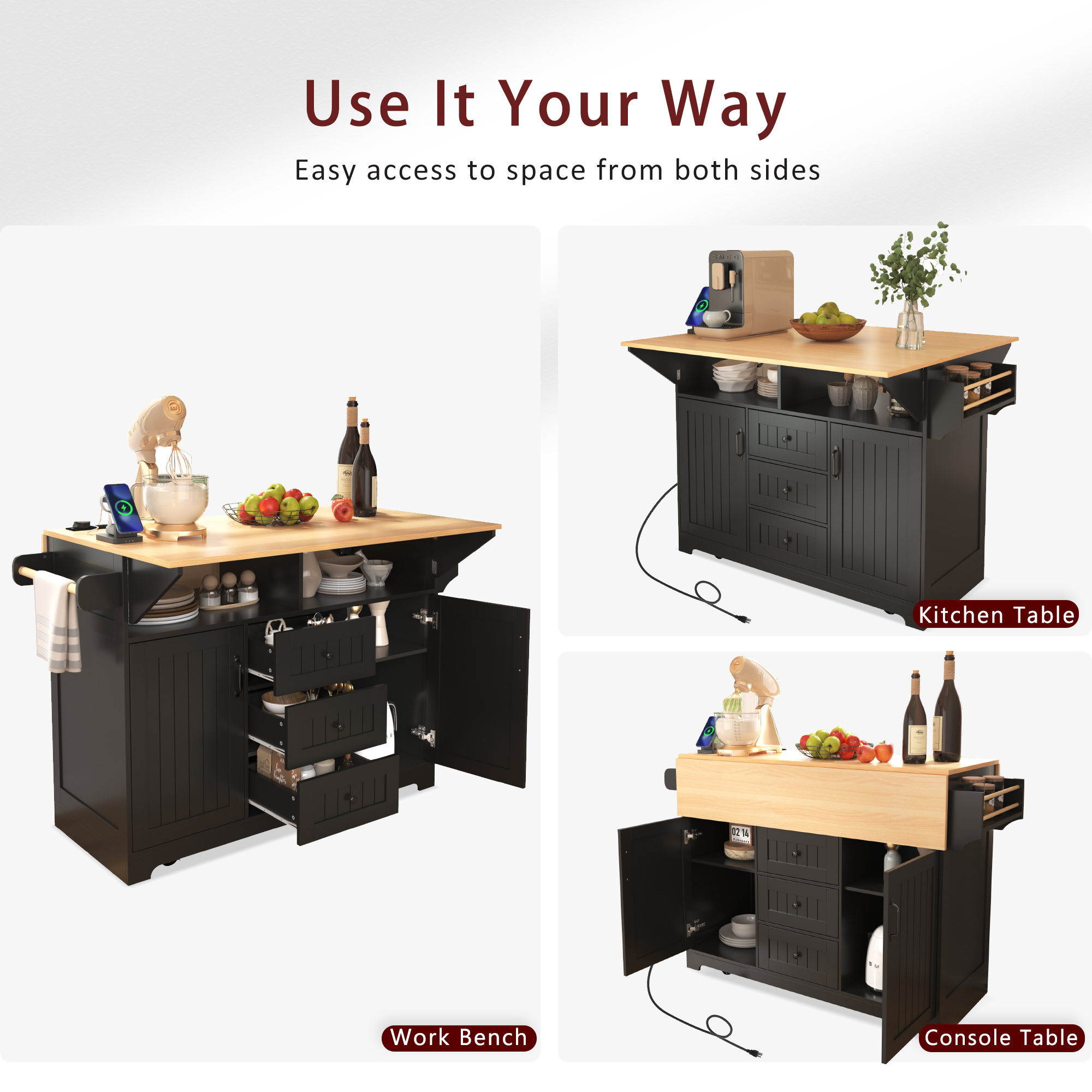koorbiir k2 K&K 55.7" Large Kitchen Island with Storage, 2 Drop Leaves, Rolling Kitchen Cart with Power Outlet, Folding Dining Table, 3 Drawers & Spice/Towel Rack ¨C Mobile Kitchen Storage for Kitchen & Dining Room, Black