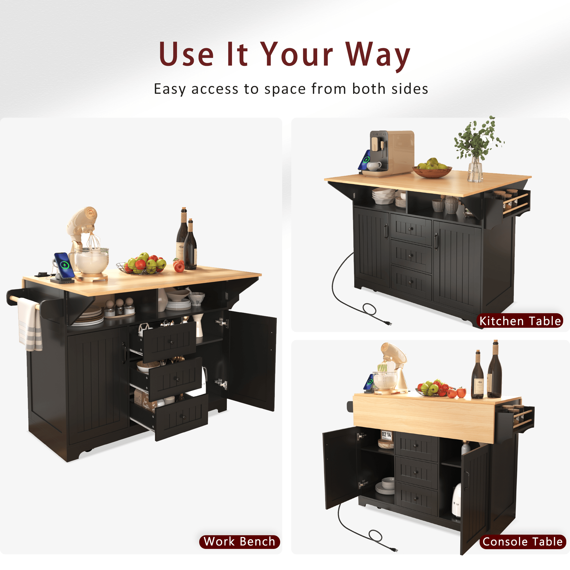 koorbiir k2 K&K 55.7" Large Kitchen Island with Storage, 2 Drop Leaves, Rolling Kitchen Cart with Power Outlet, Folding Dining Table, 3 Drawers & Spice/Towel Rack ¨C Mobile Kitchen Storage for Kitchen & Dining Room, Black - Koorbiir