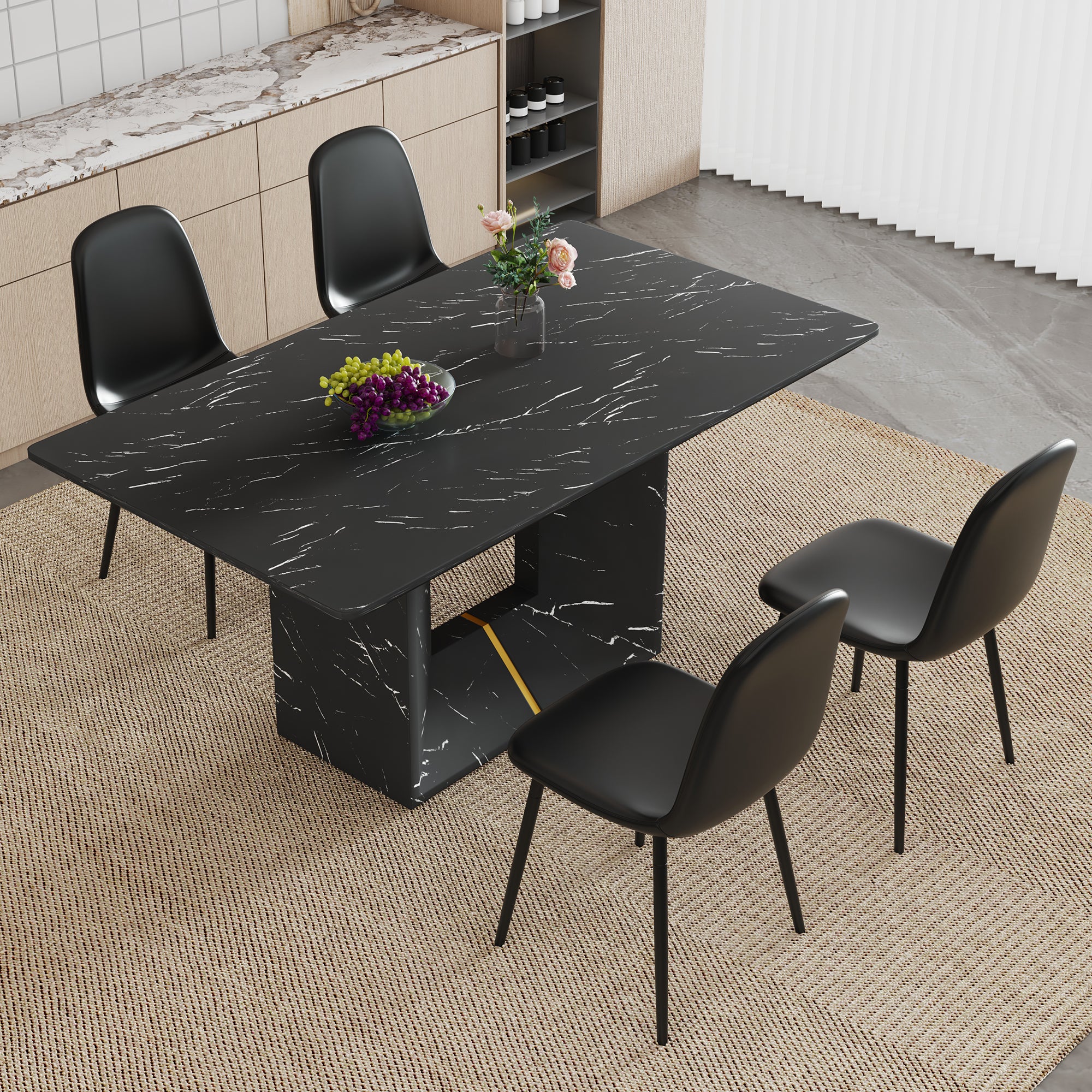 63" x 35.4" Black Marble Pattern Dining Table Set with 4 Dark Gray Linen Chairs ¨C Modern MDF Table with O-Shaped Legs, Metal Frame & Table Linens for Kitchen or Dining Room