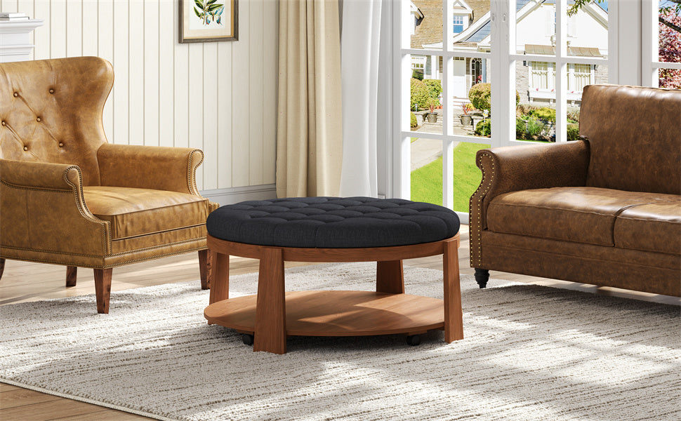 koorbiir ta1 Modern Large Round Ottoman Coffee Table with 2-Tier Wood Shelf Storage ¨C Oversized Button Tufted Upholstered Footrest Ottoman on Wheels, Waterproof Table Linens for Living Room