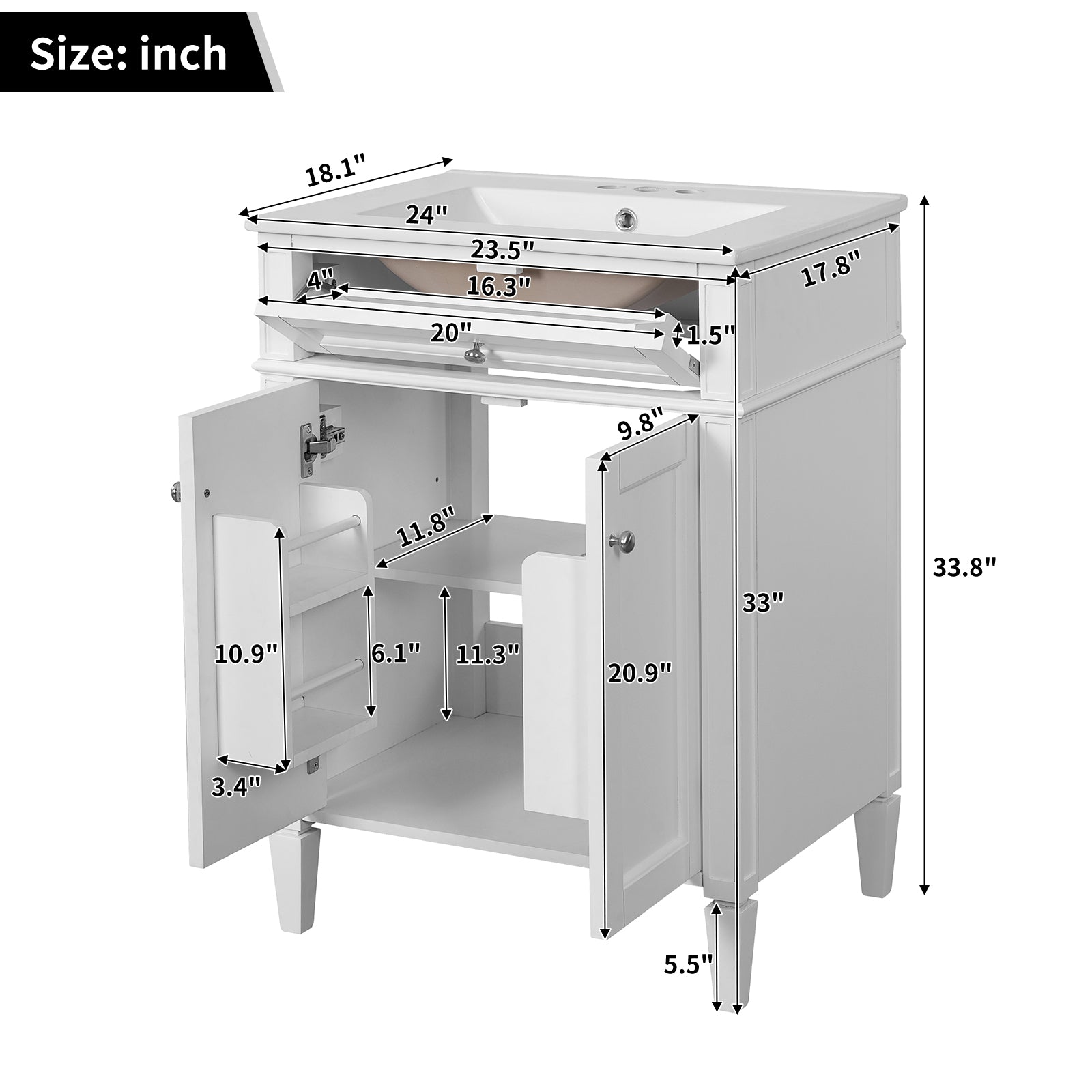 24 Bathroom Vanity Cabinet with Sink ¨C Soft-Closing Doors, Tip-Out Drawer & Organizers for Bathroom Organization