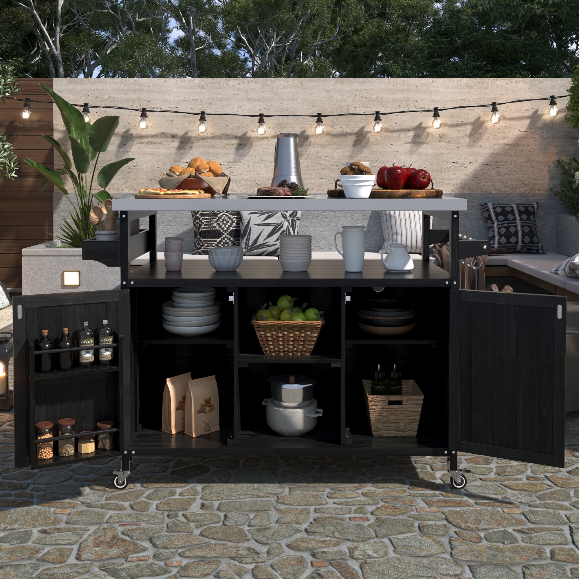 koorbiir k4 K&K Outdoor Kitchen Island & Rolling Bar Cart ¨C Solid Wood Grill Table with Stainless Steel Top, Spice & Towel Rack, Lockable Wheels for Patio, BBQ & Kitchen Storage, Grey Blue
