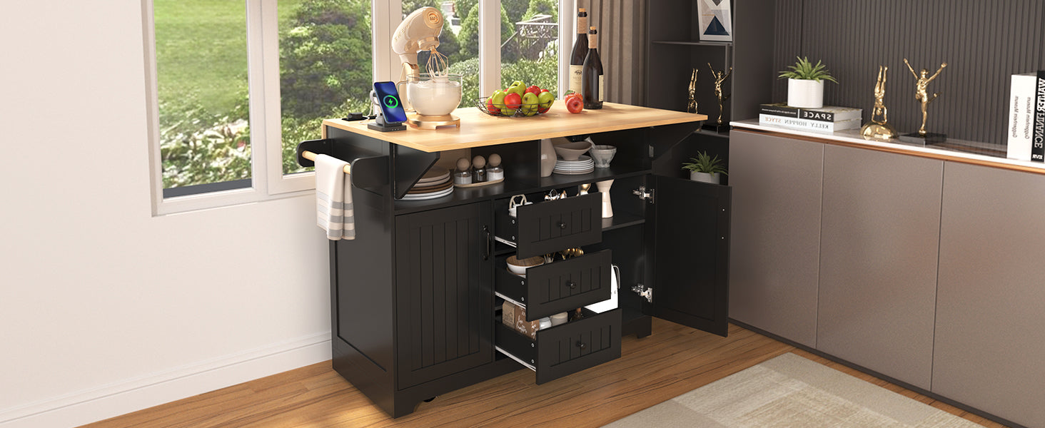koorbiir k2 K&K 55.7" Large Kitchen Island with Storage, 2 Drop Leaves, Rolling Kitchen Cart with Power Outlet, Folding Dining Table, 3 Drawers & Spice/Towel Rack ¨C Mobile Kitchen Storage for Kitchen & Dining Room, Black