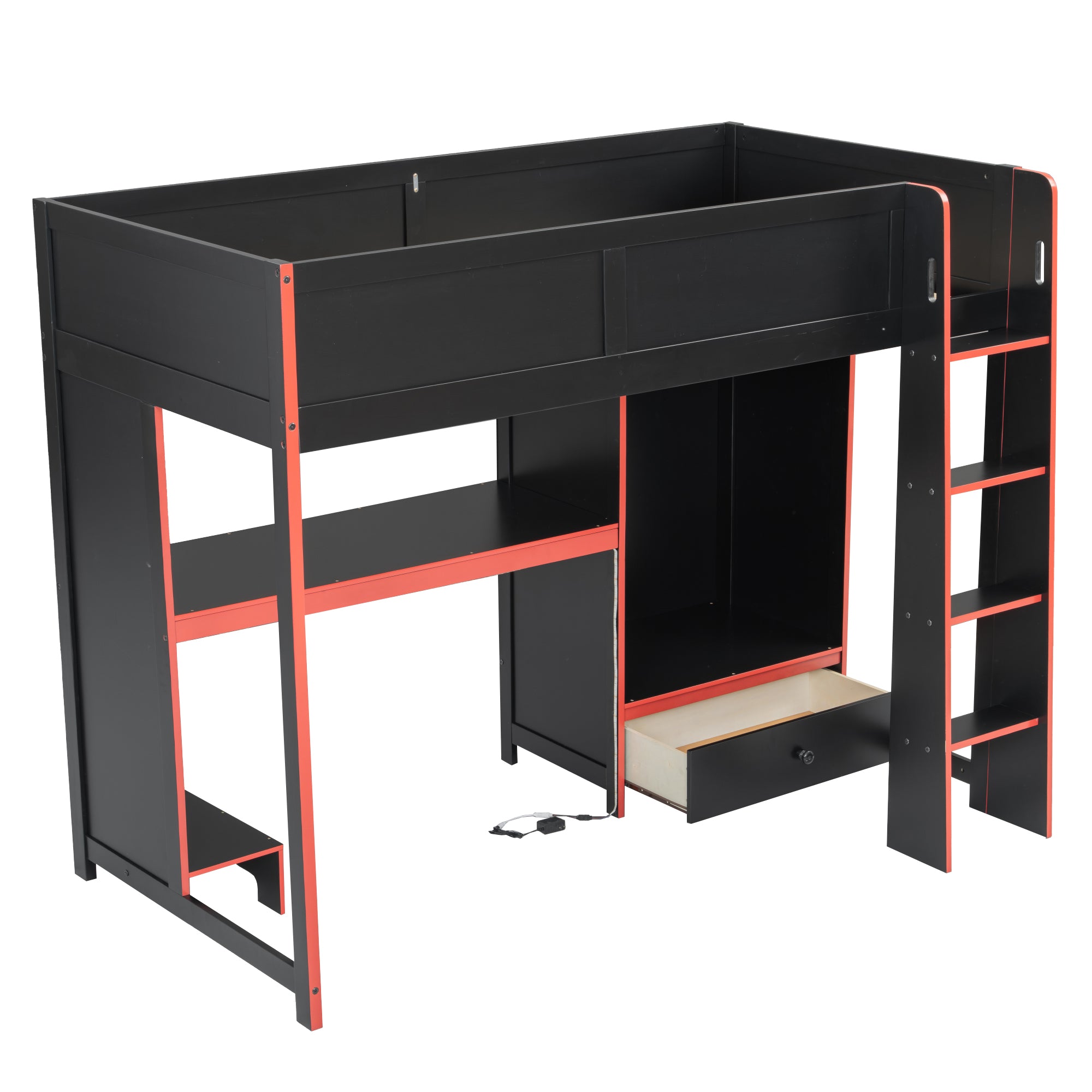 koorbiir G1 Wood Full-Size Gaming Loft Bed with Built-In Gaming Desk, Wardrobe, LED Lighting & Drawer ¨C Black