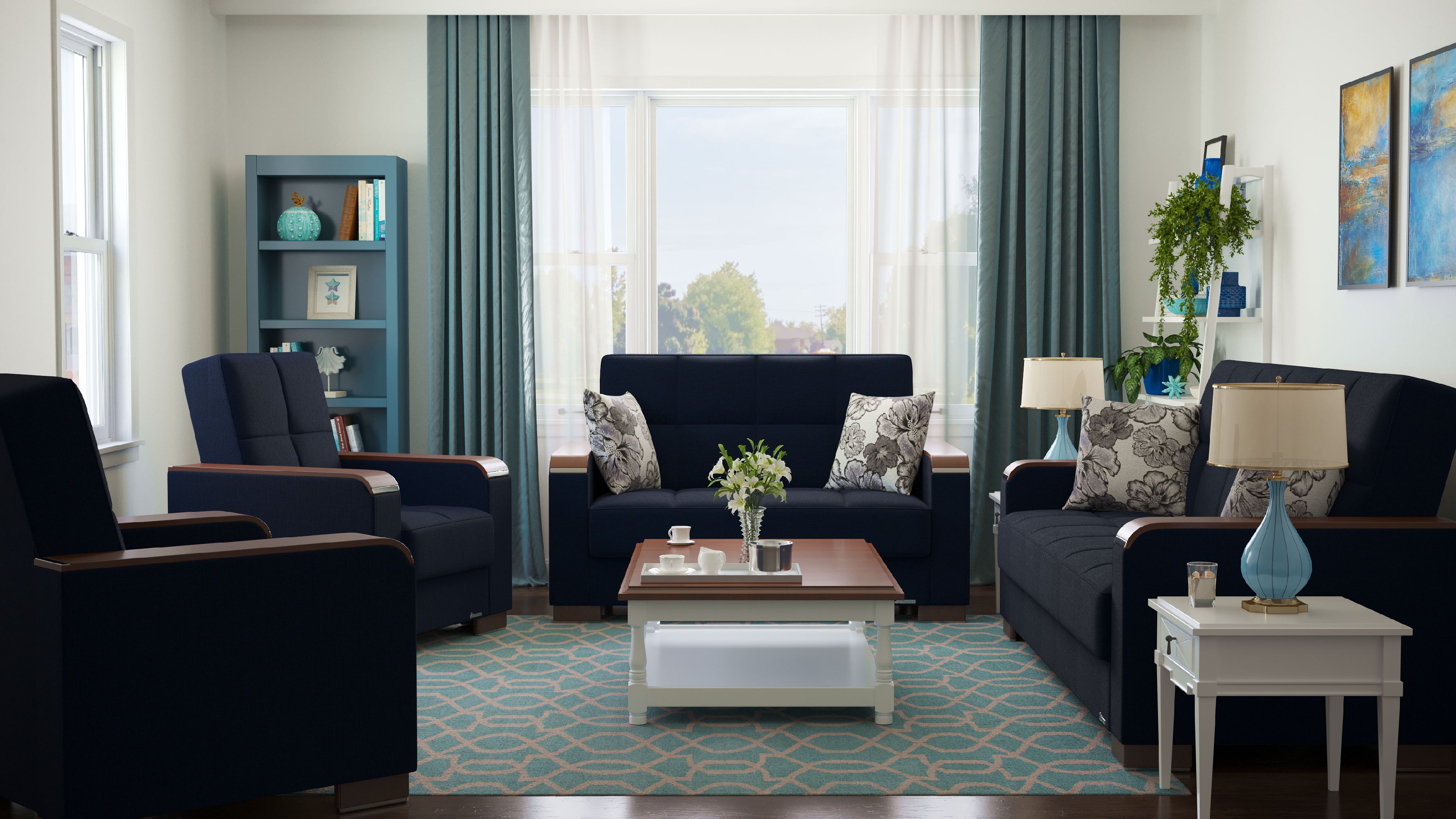 PrimeNest ZenAero Collection Convertible Wood Trimmed Upholstered Sofabed with Storage, Dark Blue Polyester Sleeper Sofa Bed for Small Spaces Living Room Furniture