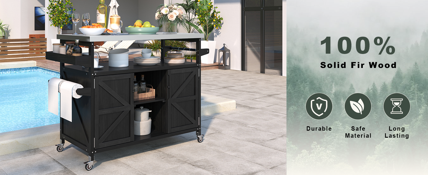 koorbiir k4 K&K Outdoor Kitchen Island & Rolling Bar Cart ¨C Solid Wood Grill Table with Stainless Steel Top, Spice & Towel Rack, Lockable Wheels for Patio, BBQ & Kitchen Storage, Grey Blue