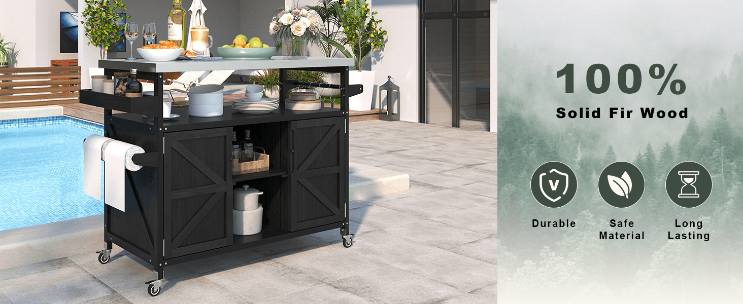 koorbiir k4 K&K Outdoor Kitchen Island & Rolling Bar Cart ¨C Solid Wood Grill Table with Stainless Steel Top, Spice & Towel Rack, Lockable Wheels for Patio, BBQ & Kitchen Storage, Grey Blue - Koorbiir