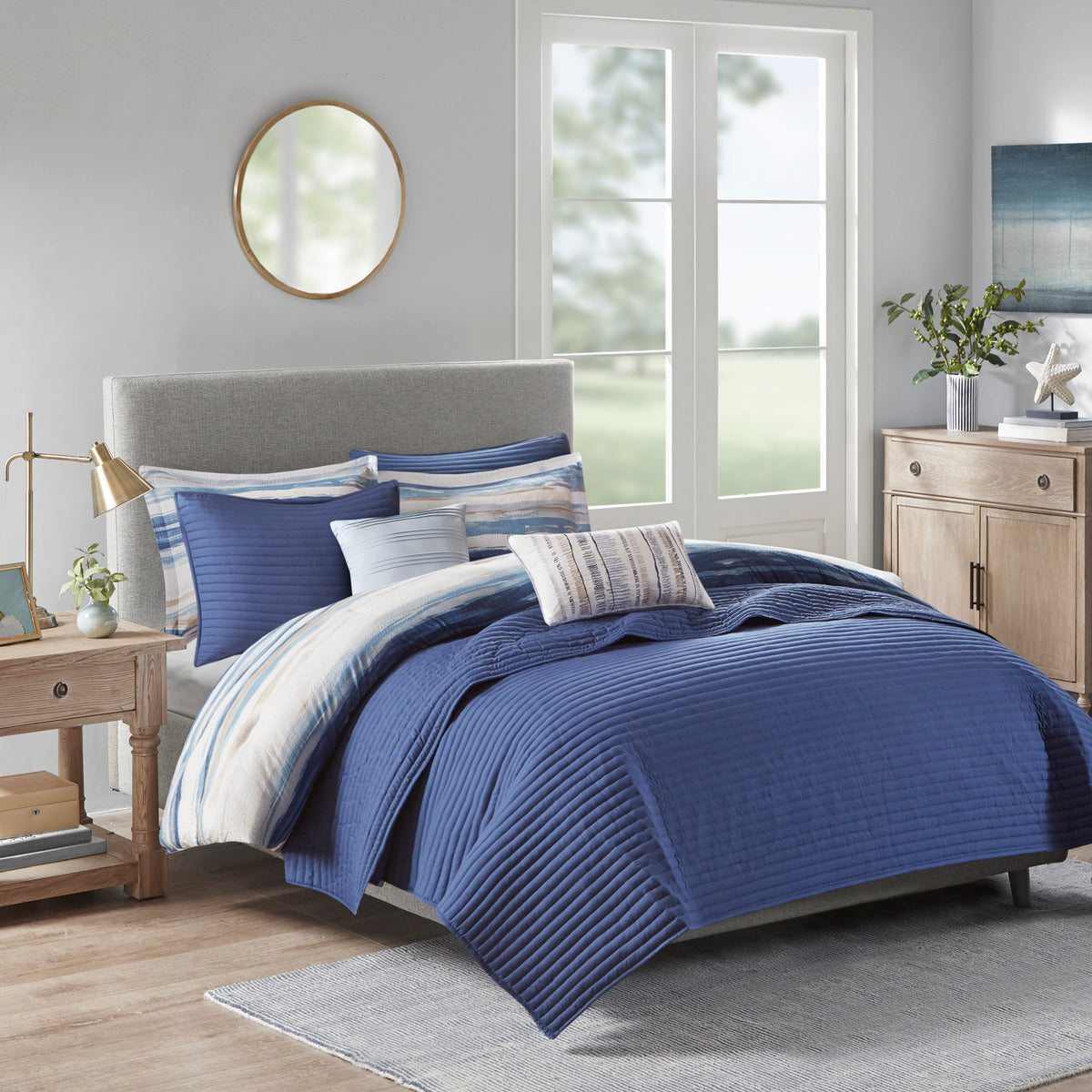 8-Piece Blue Seersucker Comforter & Quilt Set ¨C King/Cal King Bedding Collections with Decorative Pillows & Shams