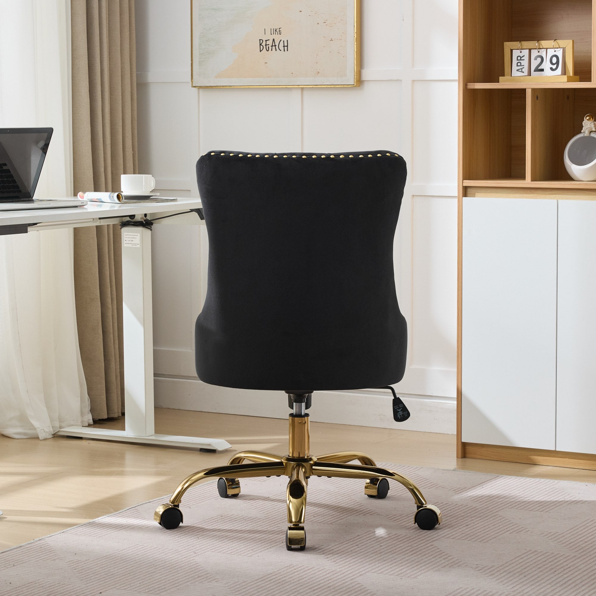 koorbiir o4 Modern Velvet Upholstered Office Chair with Tufted Button ¨C Adjustable Swivel Desk Chair with Gold Metal Base (Gray)
