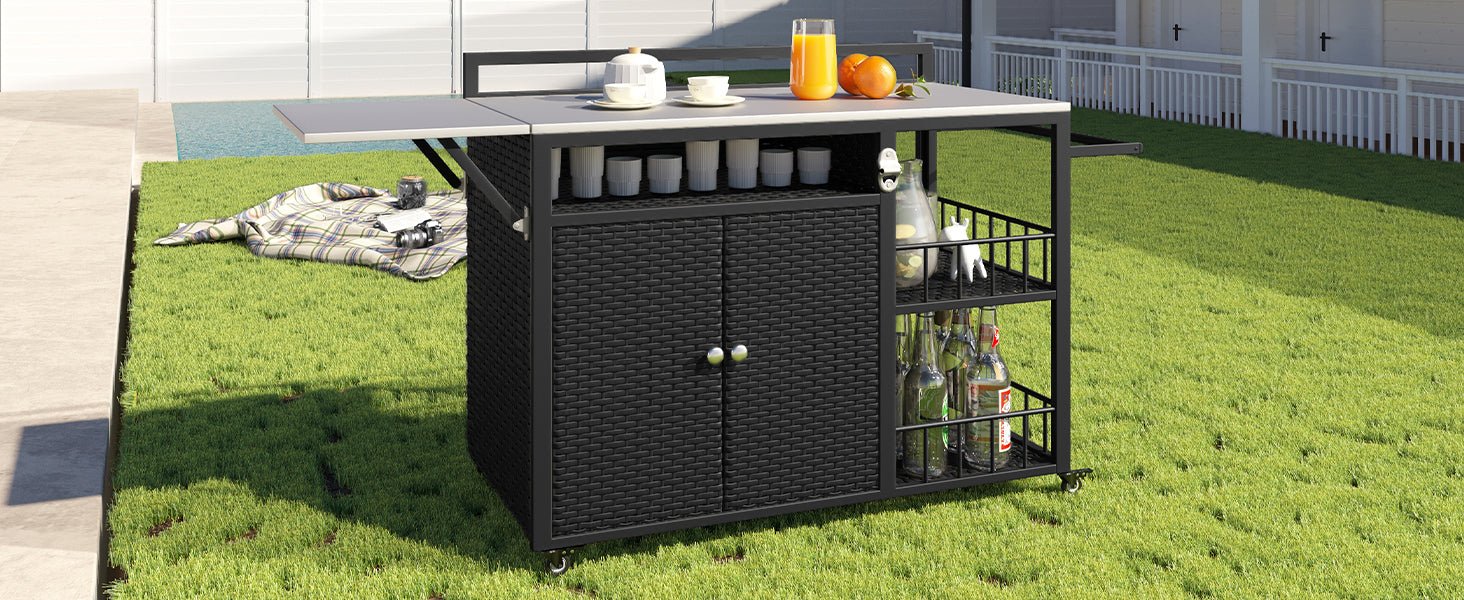 koorbiir k5 63.5" Outdoor Kitchen Island ¨C Rolling Kitchen Storage Island & Cooking Station with Foldable Side Tabletop, Ample Storage, Bottle Opener, Lockable Wheels for Patio & Backyard BBQ, Dark Brown - Koorbiir