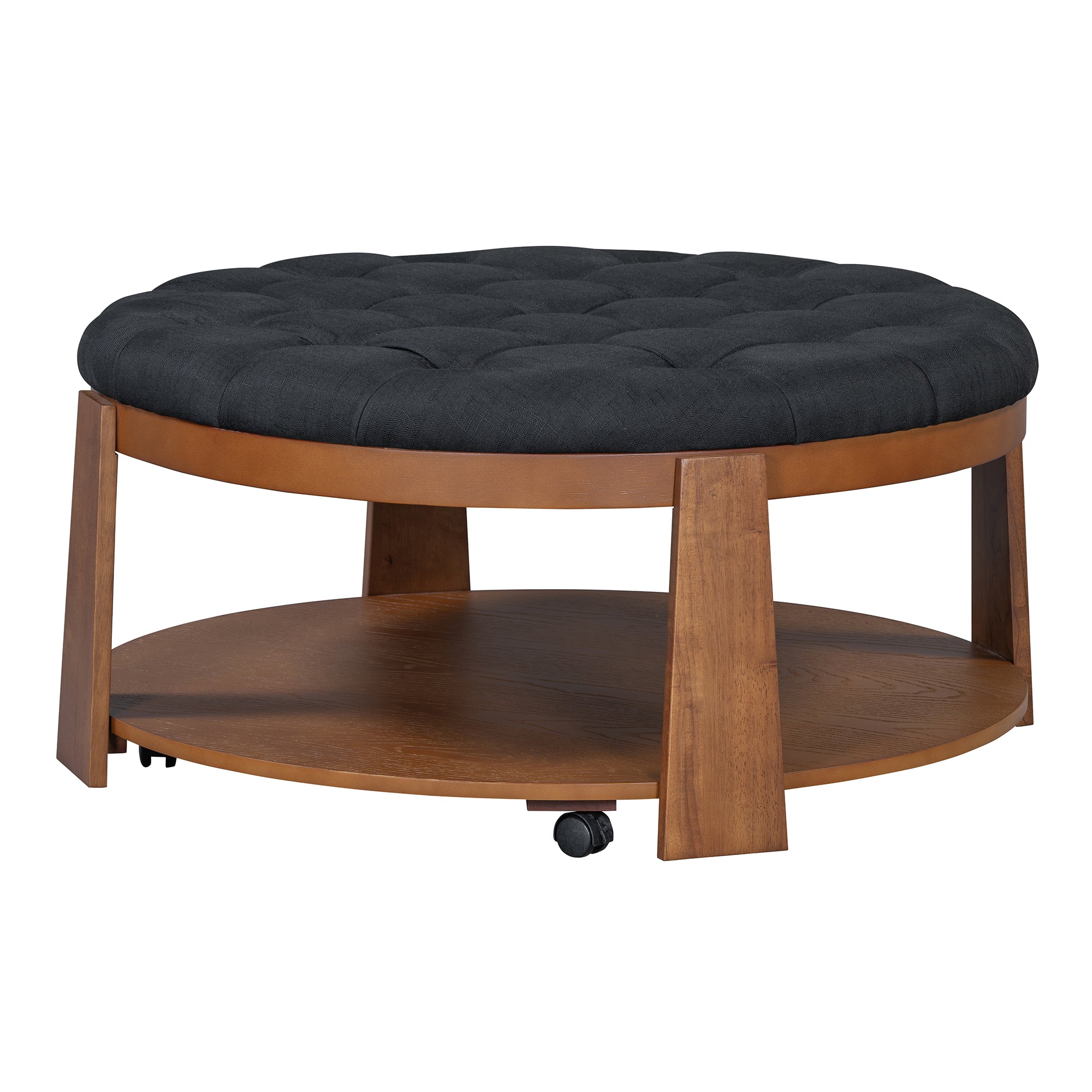 koorbiir ta1 Modern Large Round Ottoman Coffee Table with 2-Tier Wood Shelf Storage ¨C Oversized Button Tufted Upholstered Footrest Ottoman on Wheels, Waterproof Table Linens for Living Room