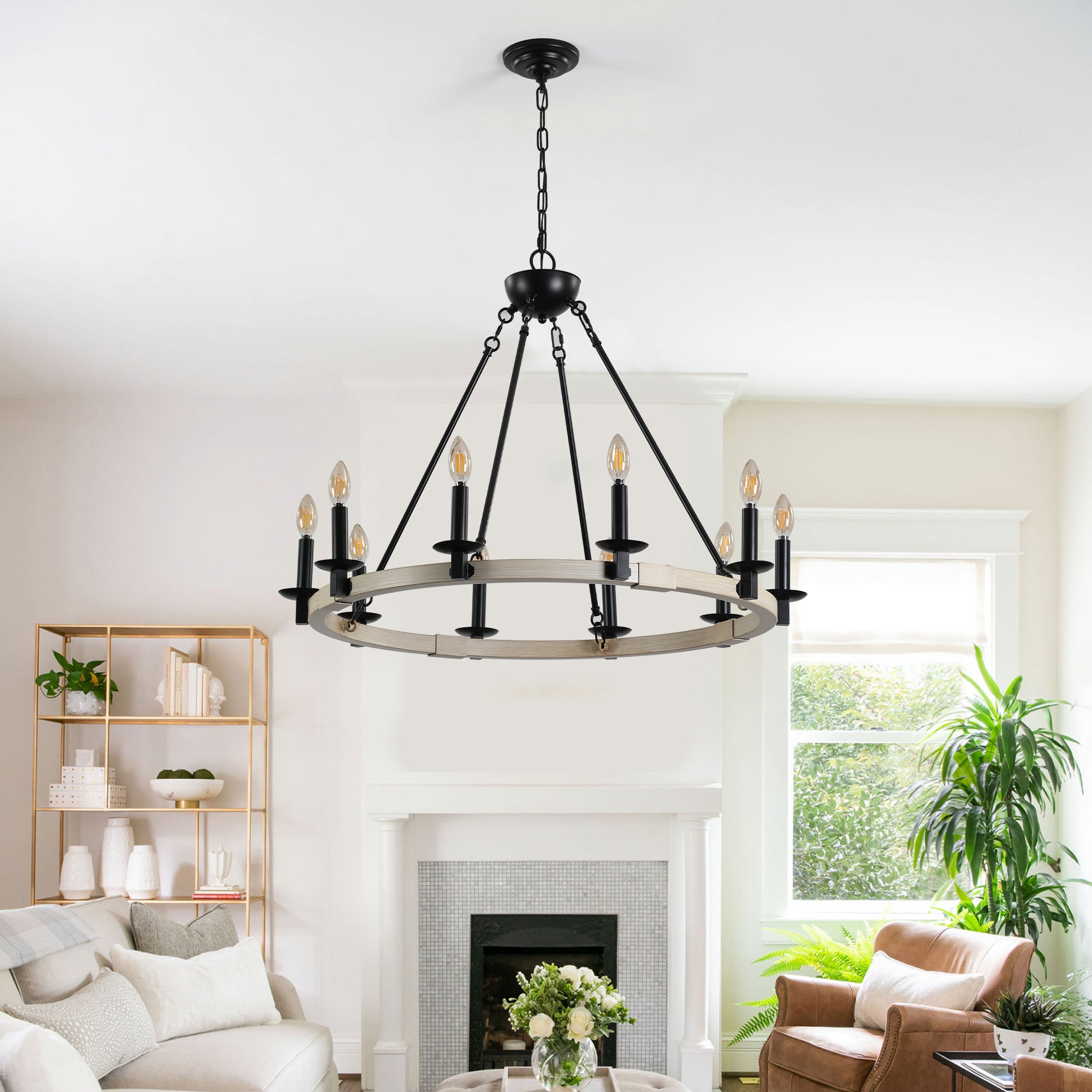 koorbiir ca1 32" Rustic Farmhouse Candle Chandelier, 10-Light Black Metal and Wood Round Hanging Light Fixture for Dining Room, Kitchen & Living Room, Adjustable Height, E12 Bulb Base (No Bulbs)