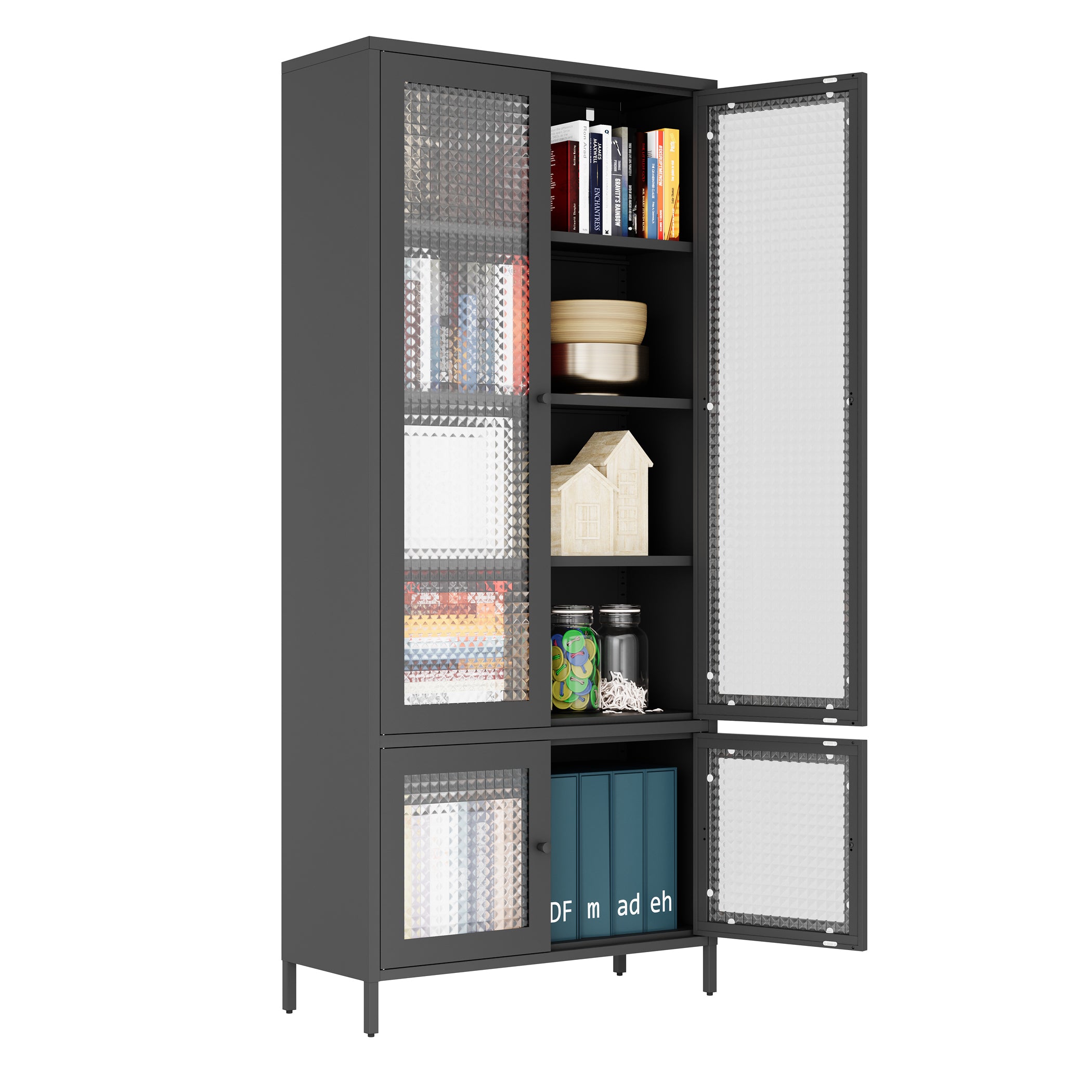 Large Metal Storage & Office Cabinet with 4 Waffle-Grid Tempered Glass Doors, 5 Adjustable Shelves ¨C Freestanding Display Bookcase for Home, Bedroom, Living Room, Pantry, Office ¨C Black