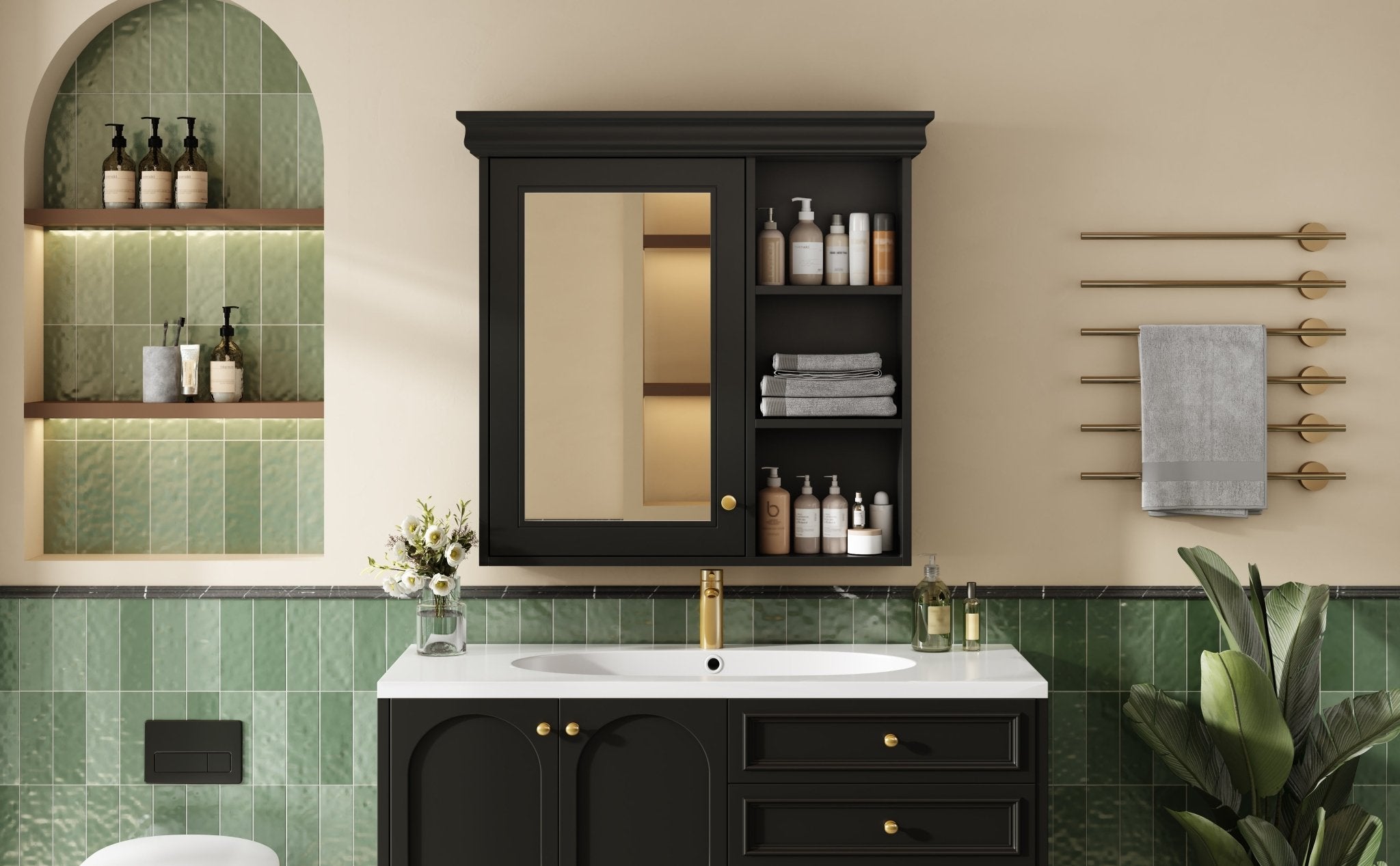 koorbiir ba6 30'' x 28'' Wall - Mounted Bathroom Medicine Cabinet with Mirror ¨C Over Toilet Storage Organizer for Bathroom Organization, Black MDF Cabinet - Koorbiir