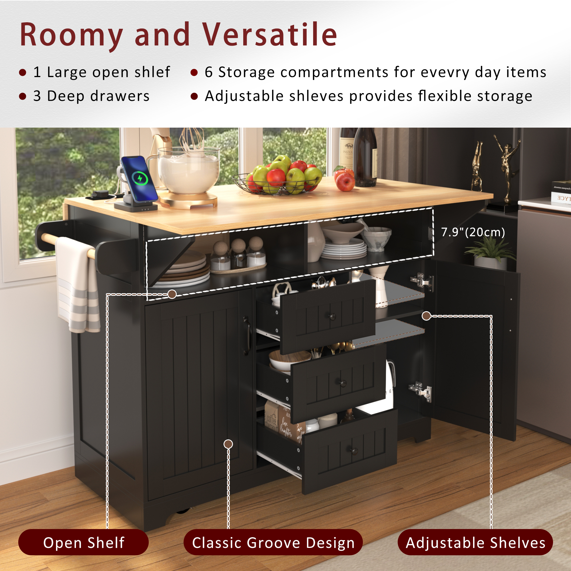koorbiir k2 K&K 55.7" Large Kitchen Island with Storage, 2 Drop Leaves, Rolling Kitchen Cart with Power Outlet, Folding Dining Table, 3 Drawers & Spice/Towel Rack ¨C Mobile Kitchen Storage for Kitchen & Dining Room, Black