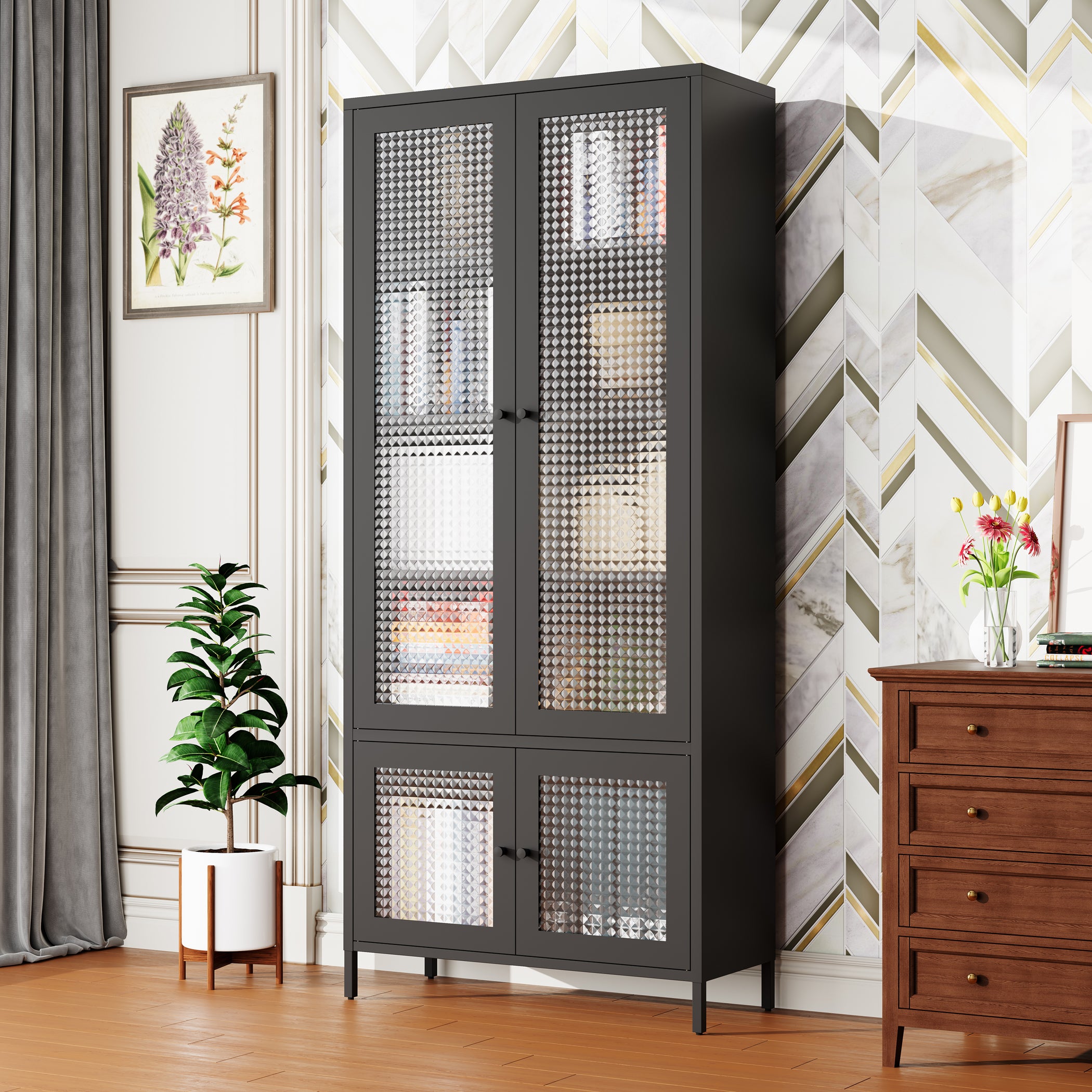 Large Metal Storage & Office Cabinet with 4 Waffle-Grid Tempered Glass Doors, 5 Adjustable Shelves ¨C Freestanding Display Bookcase for Home, Bedroom, Living Room, Pantry, Office ¨C Black