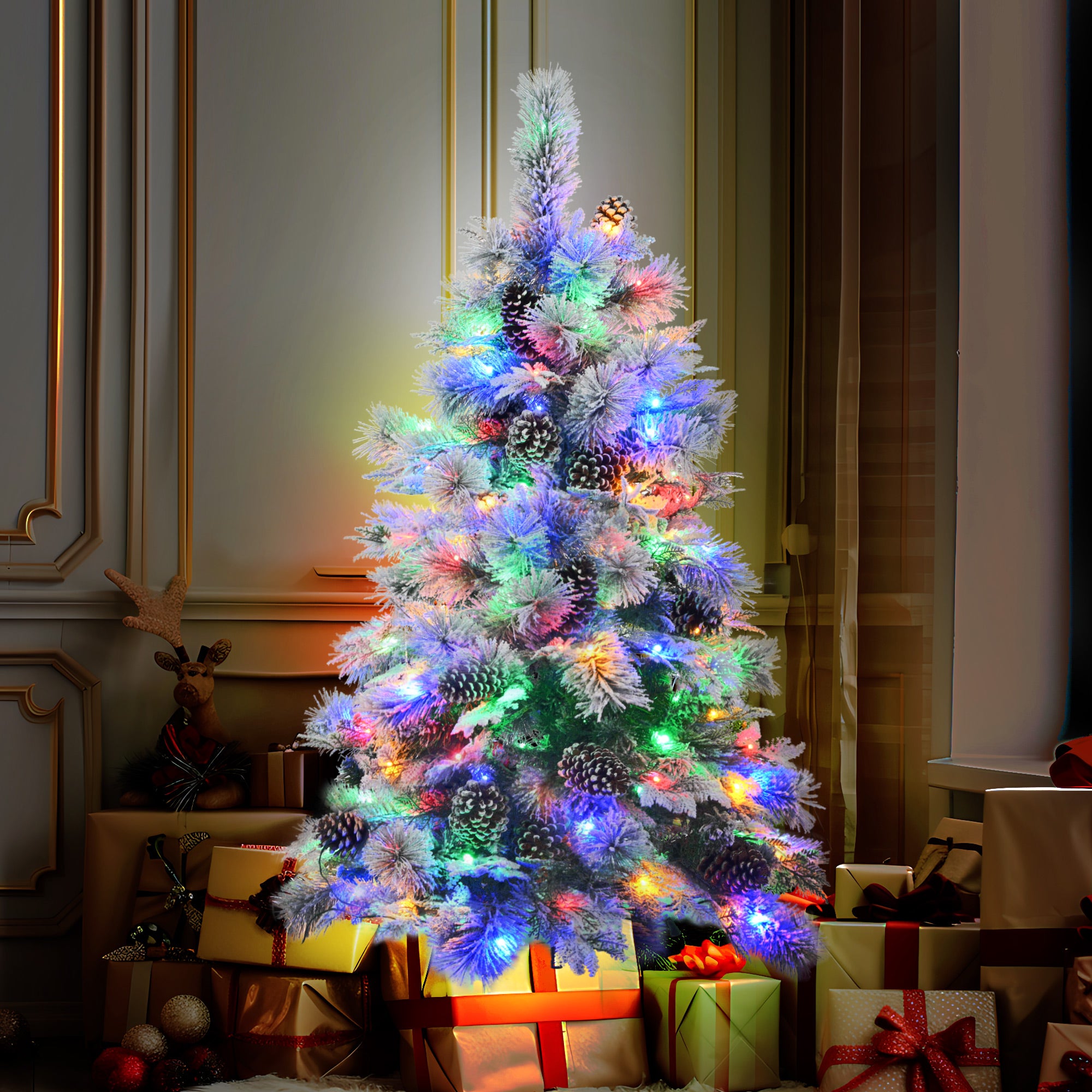 koorbiir ar5 6FT Pre-Lit Artificial Spruce Snow Flocked Christmas Tree with Pine Cones, 403 Branch Tips, 250 Multi-Color LED Lights, 11 Flashing Modes, Holiday D¨¦cor