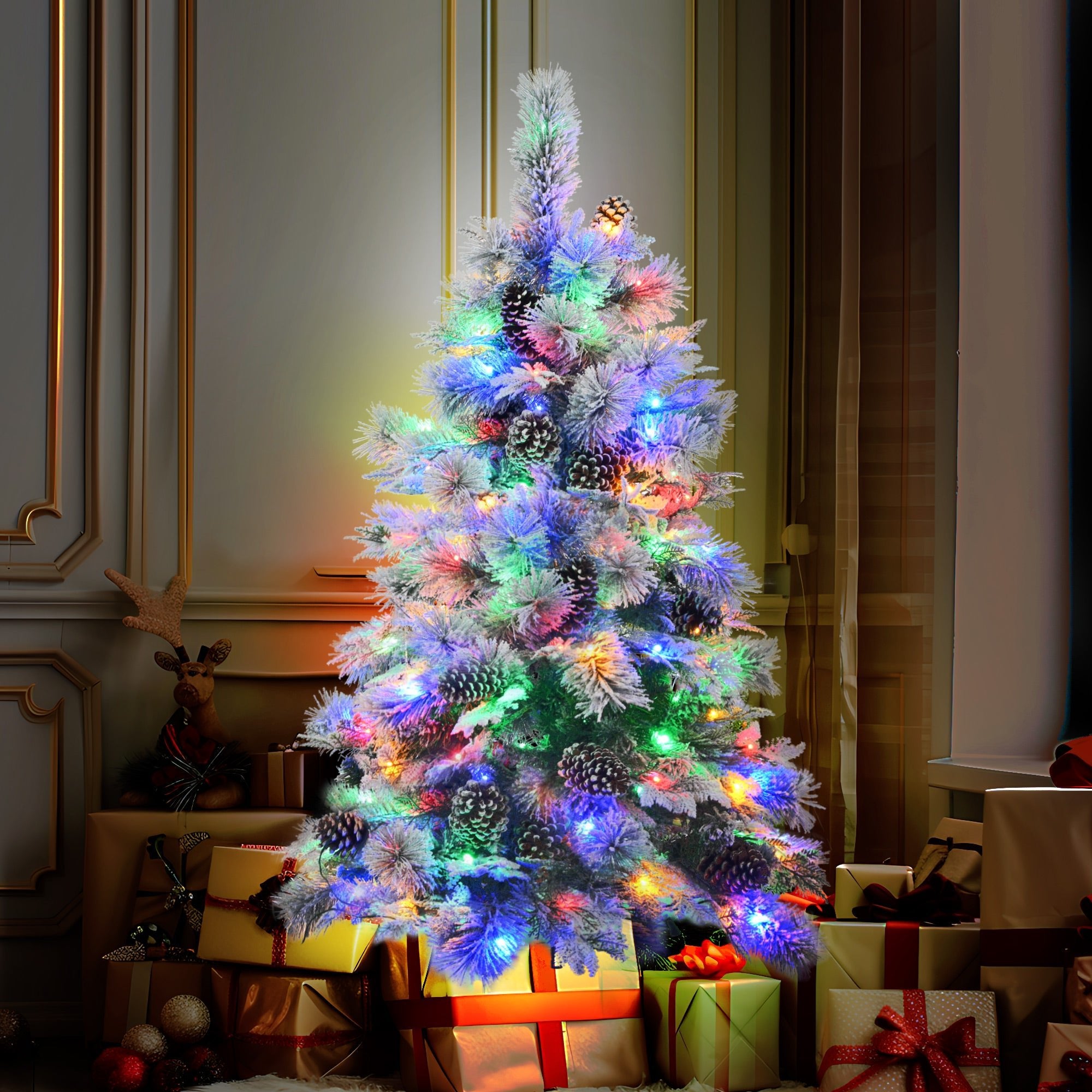 koorbiir ar5 6FT Pre - Lit Artificial Spruce Snow Flocked Christmas Tree with Pine Cones, 403 Branch Tips, 250 Multi - Color LED Lights, 11 Flashing Modes, Holiday D¨¦cor - Koorbiir