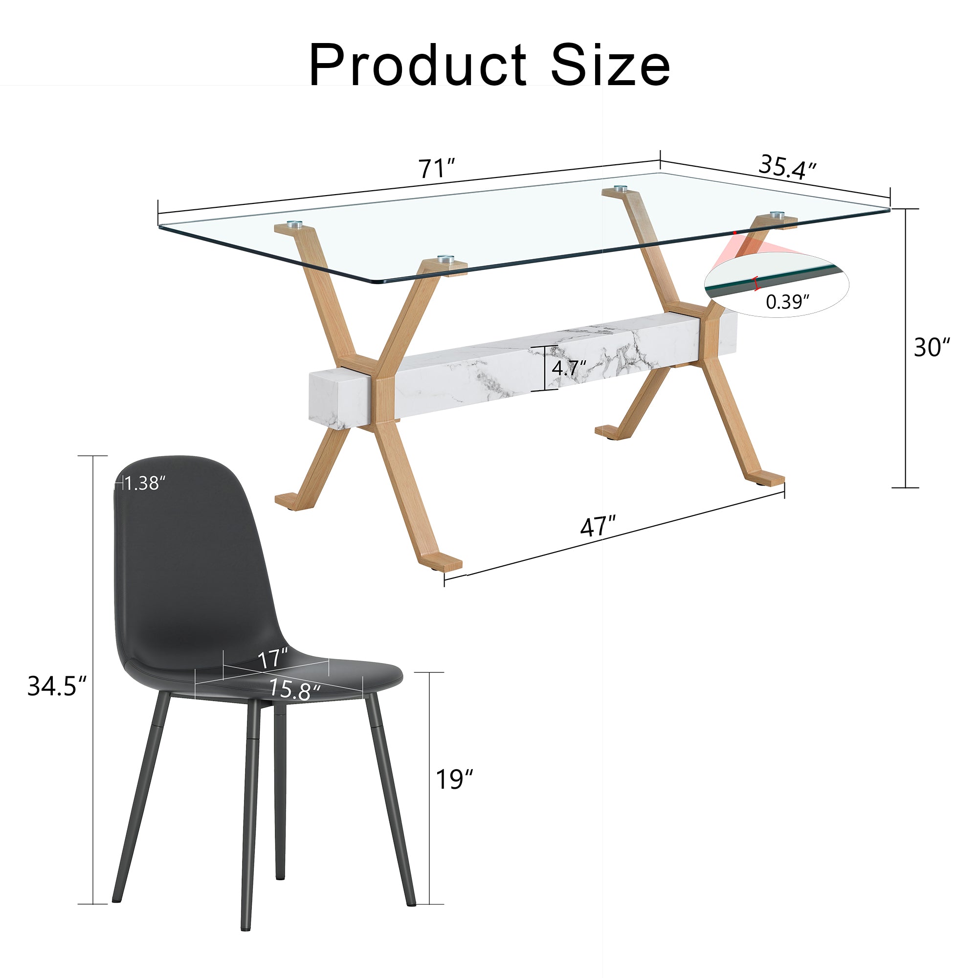 71" x 35.4" Transparent Tempered Glass Dining Table with X-Shaped Wood Color Metal Legs ¨C 6 Light Gray Linen Fabric Chairs, Modern Table Linens Set for Dining Room