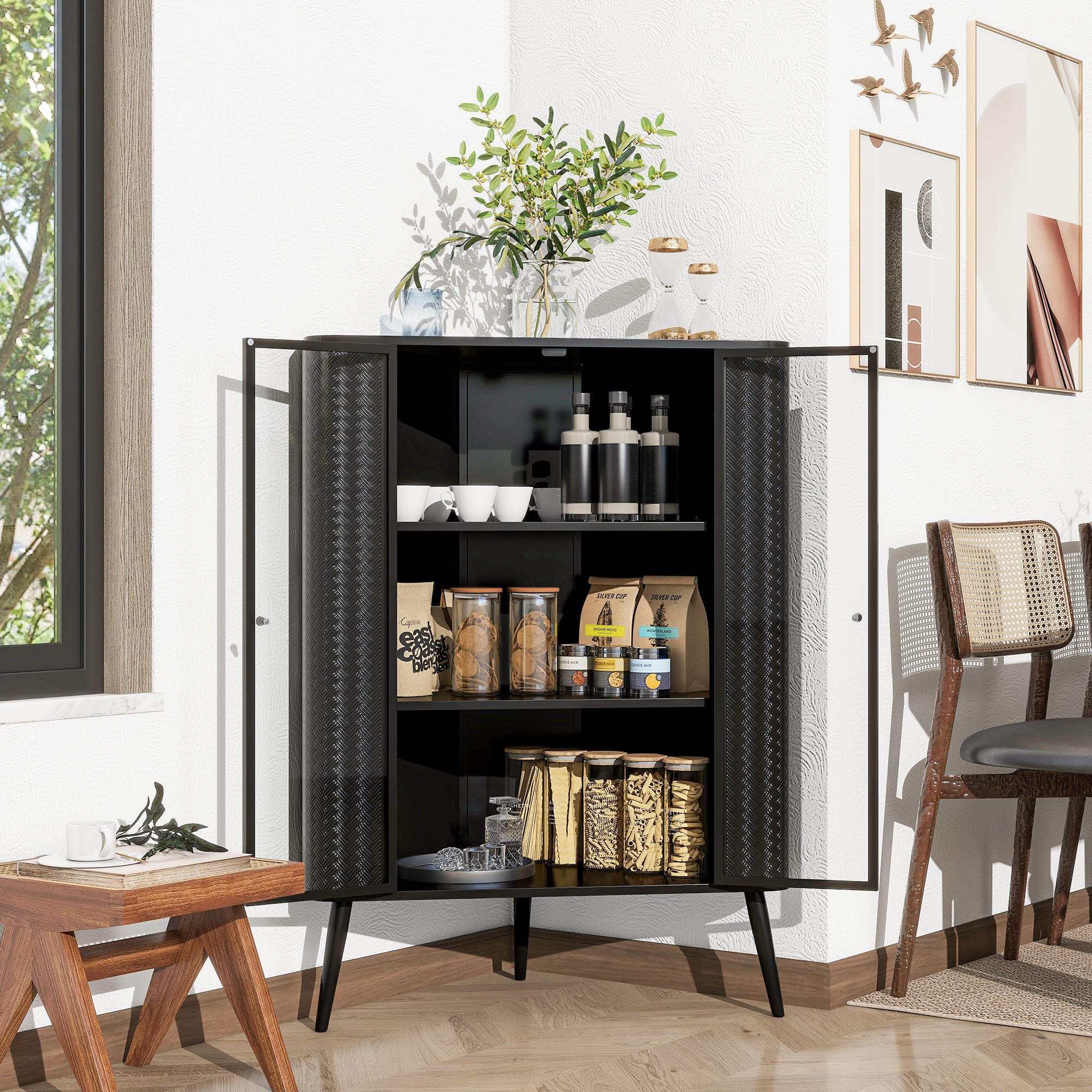 Modern 3-Tier Corner Storage Cabinet with Tempered Glass Doors ¨C Freestanding Metal Frame Organizer for Bathroom Organization, Kitchen, Bedroom, and Small Spaces