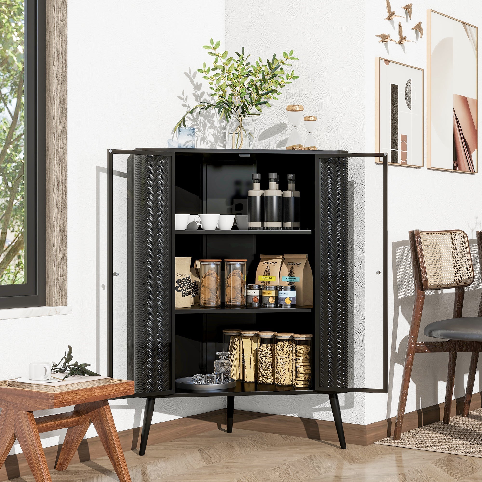 koorbiir ba7 Modern 3 - Tier Corner Storage Cabinet with Tempered Glass Doors ¨C Freestanding Metal Frame Organizer for Bathroom Organization, Kitchen, Bedroom, and Small Spaces - Koorbiir