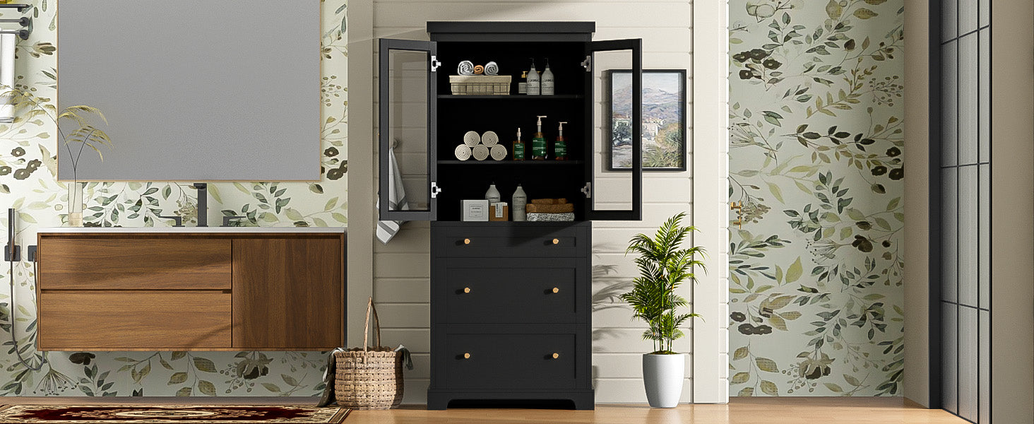 koorbiir k9 70.1" Modern High Freestanding Tall Bathroom Cabinet with 2 Adjustable Shelves & 3 Drawers ¨C Soft-Close Glass Doors, Luxury Metal Handles, Versatile Bathroom, Kitchen, and Living Room Storage