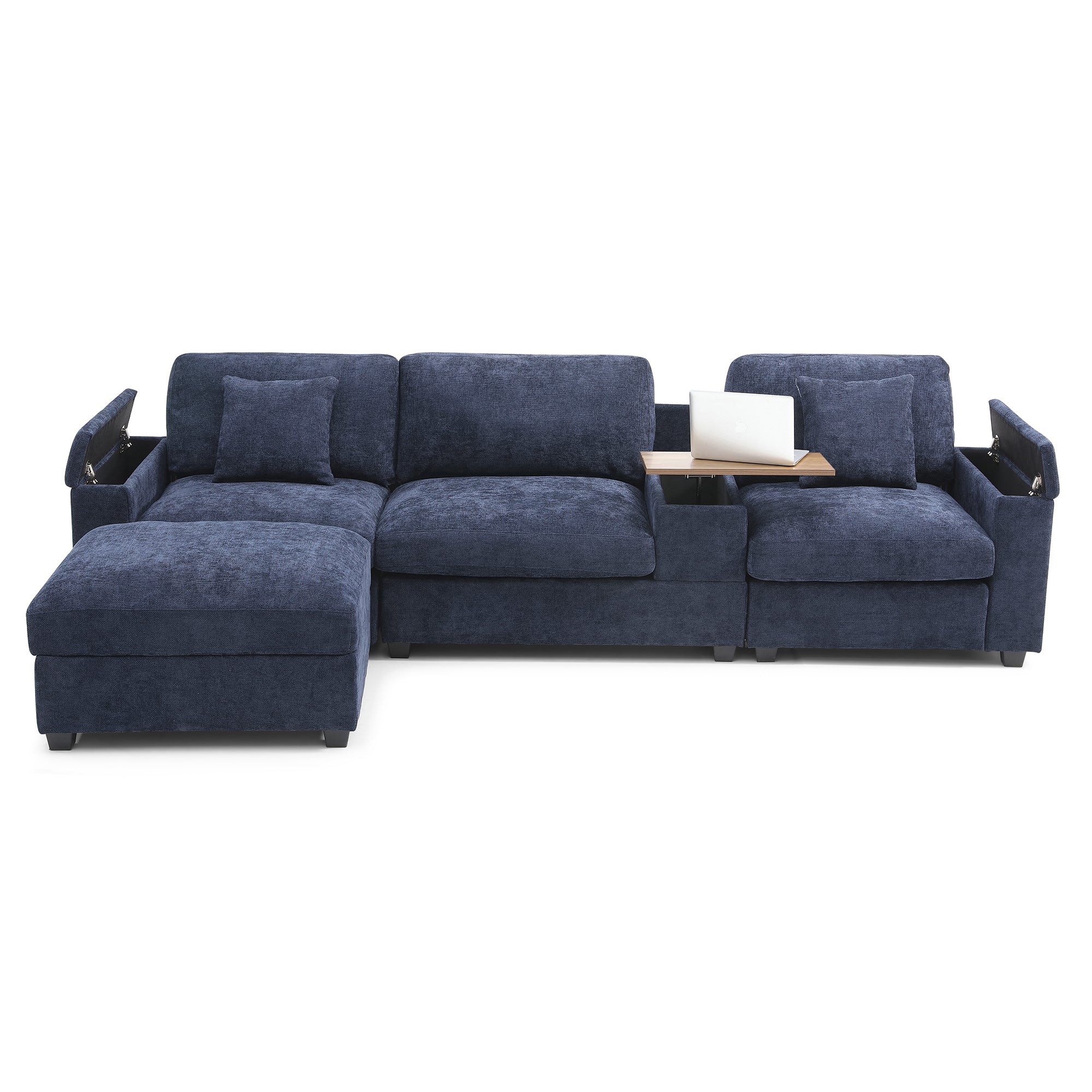 120.3" L-Shaped Sectional Sofa with Storage Ottoman ¨C Oversized Cloud Couch with Drop-Down Table, 360¡ã Swivel Tray, Cup Holders, USB Ports & Wide Linen Seats for Living Room