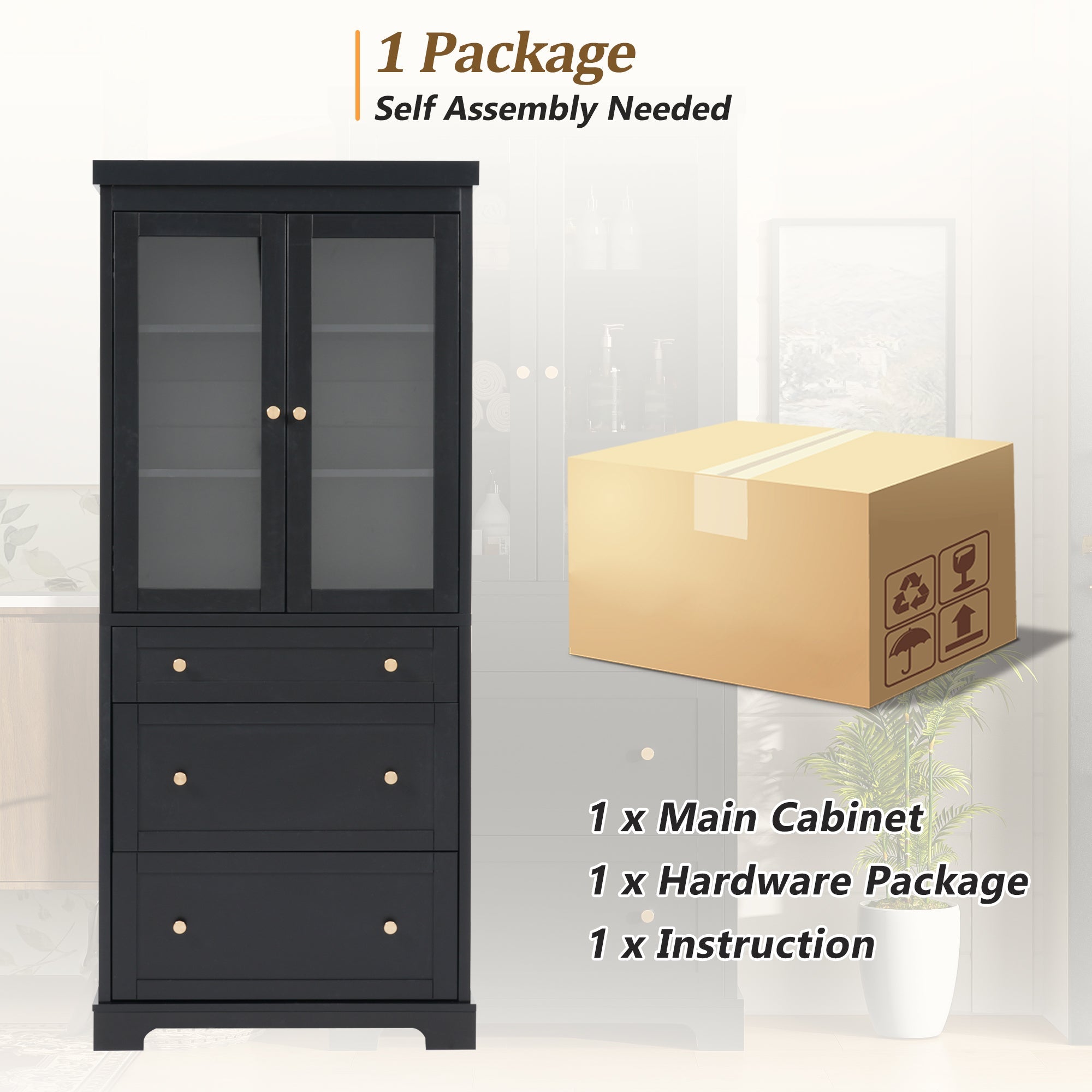 koorbiir k9 70.1" Modern High Freestanding Tall Bathroom Cabinet with 2 Adjustable Shelves & 3 Drawers ¨C Soft - Close Glass Doors, Luxury Metal Handles, Versatile Bathroom, Kitchen, and Living Room Storage - Koorbiir