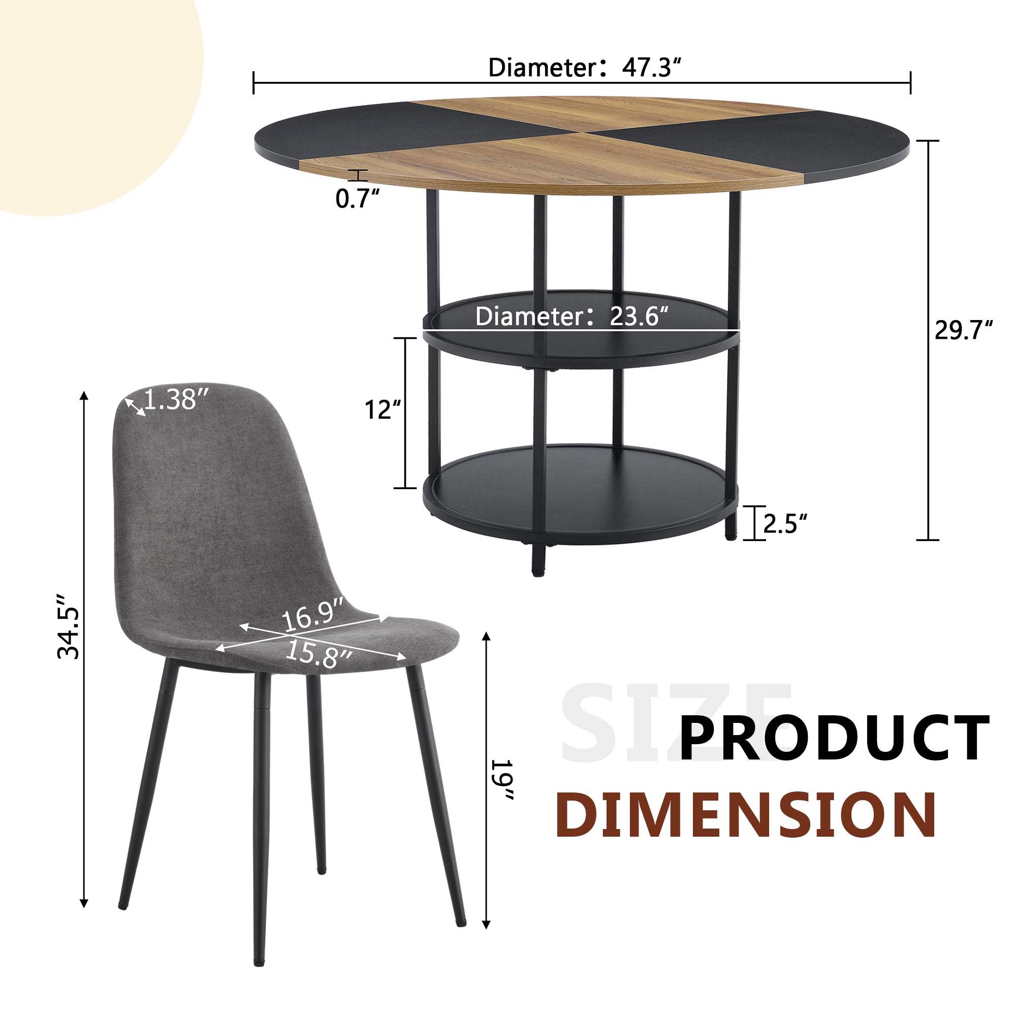 47.3" Modern Splicing Circular Dining Table with Double-Layer Storage ¨C 4 Black Linen-Cotton High-Resilience Chairs with Metal Legs, Table Linens Included