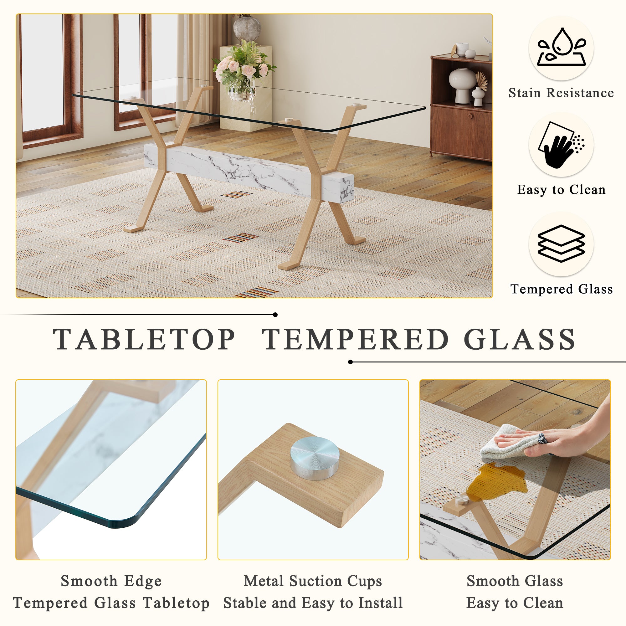 71" x 35.4" Transparent Tempered Glass Dining Table with X-Shaped Wood Color Metal Legs ¨C 6 Light Gray Linen Fabric Chairs, Modern Table Linens Set for Dining Room