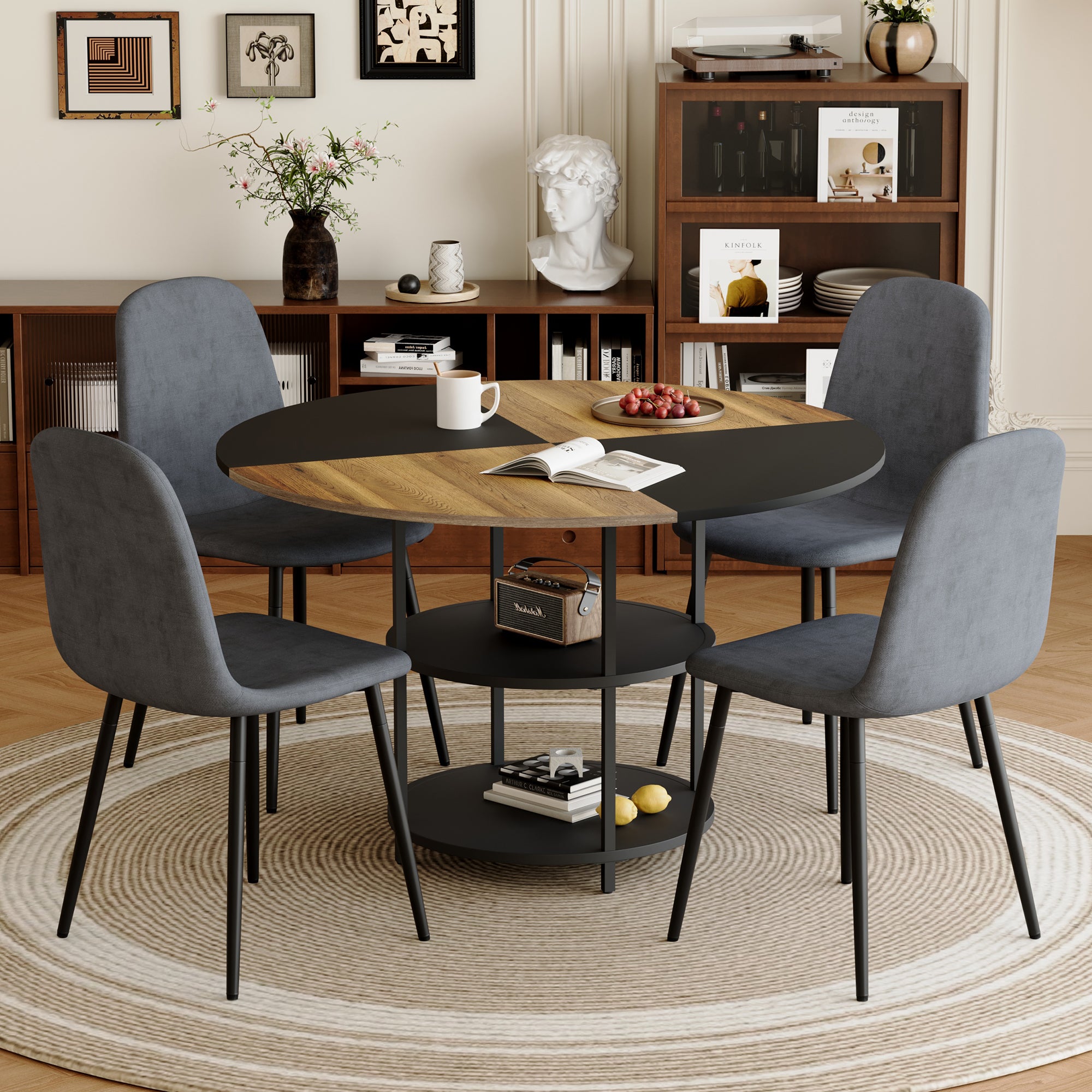 47.3" Modern Splicing Circular Dining Table with Double-Layer Storage ¨C 4 Black Linen-Cotton High-Resilience Chairs with Metal Legs, Table Linens Included