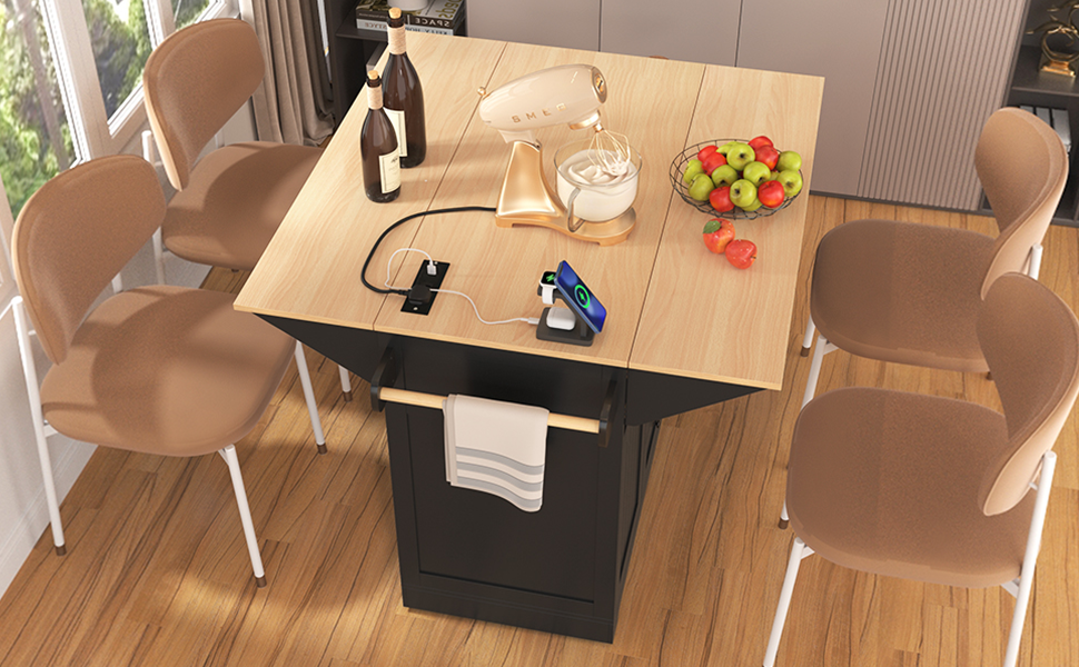 koorbiir k2 K&K 55.7" Large Kitchen Island with Storage, 2 Drop Leaves, Rolling Kitchen Cart with Power Outlet, Folding Dining Table, 3 Drawers & Spice/Towel Rack ¨C Mobile Kitchen Storage for Kitchen & Dining Room, Black