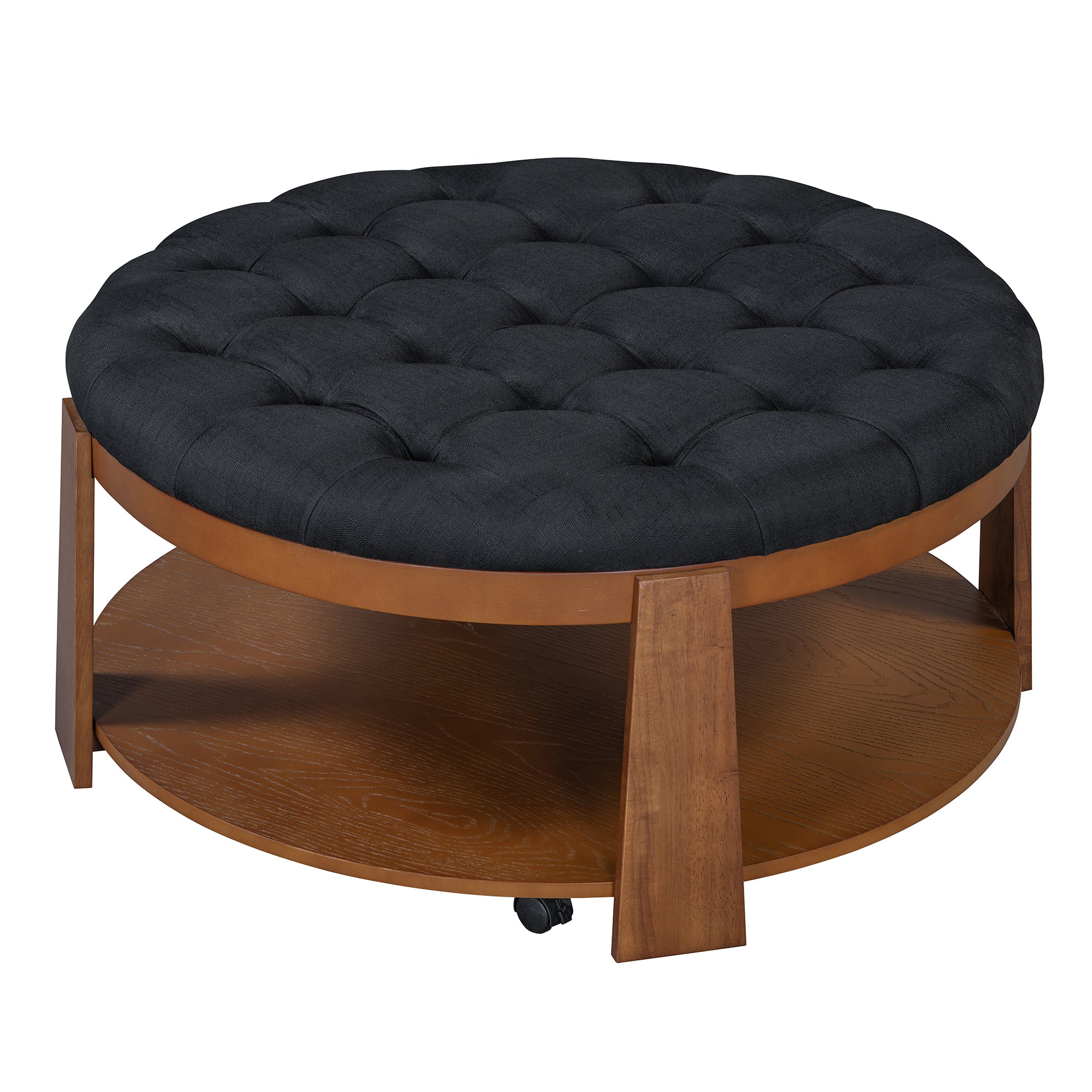 koorbiir ta1 Modern Large Round Ottoman Coffee Table with 2-Tier Wood Shelf Storage ¨C Oversized Button Tufted Upholstered Footrest Ottoman on Wheels, Waterproof Table Linens for Living Room