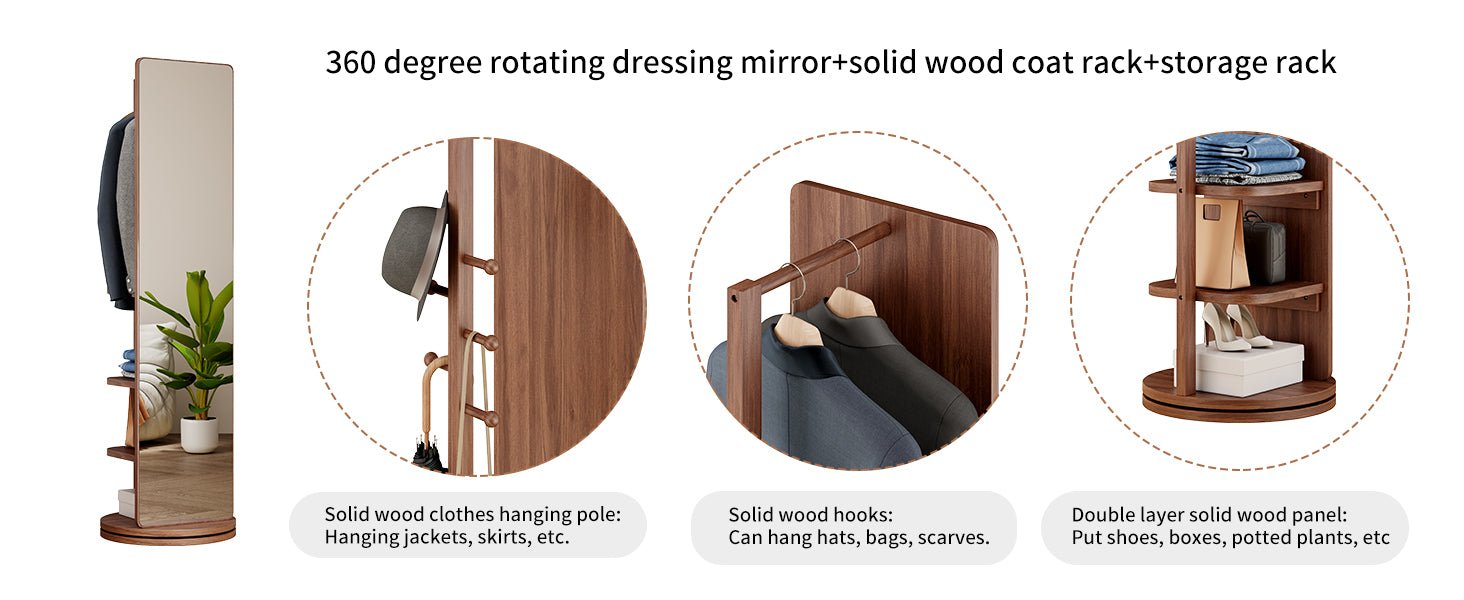 koorbiir mi1 360¡ã Rotating 66"x14" Full Length Mirror with Hook Storage Rack & Coat Rack, Solid Wood Floor Mirror for Bedroom, Living Room, Cloakroom - Space - Saving Design - Koorbiir