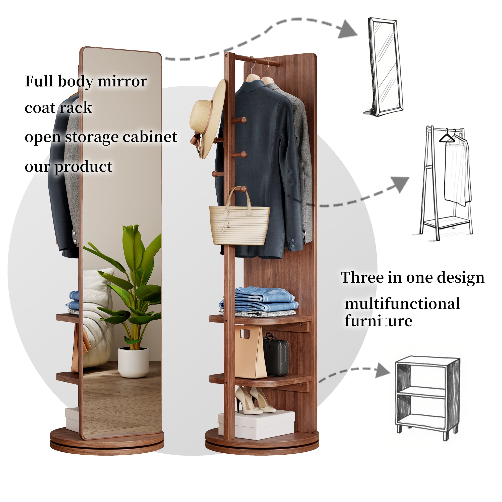 koorbiir mi1 360¡ã Rotating 66"x14" Full Length Mirror with Hook Storage Rack & Coat Rack, Solid Wood Floor Mirror for Bedroom, Living Room, Cloakroom - Space-Saving Design