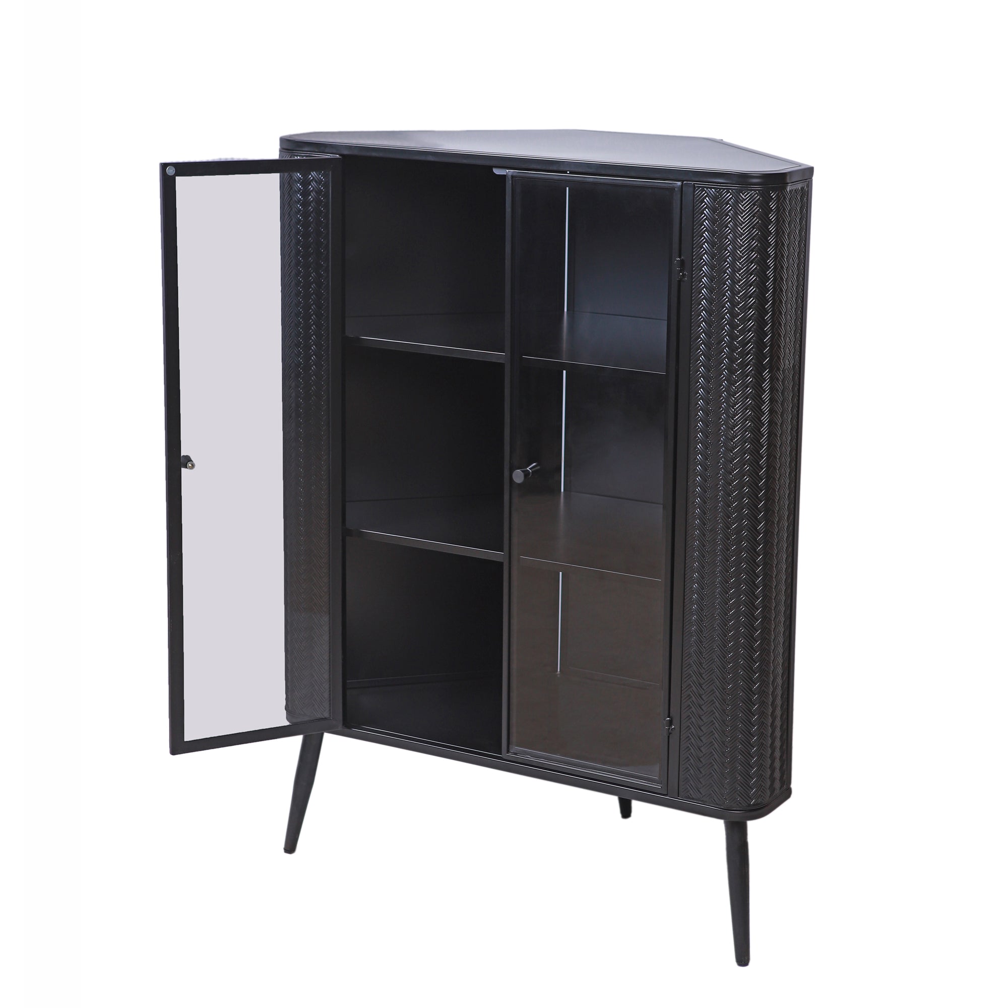 Modern 3-Tier Corner Storage Cabinet with Tempered Glass Doors ¨C Freestanding Metal Frame Organizer for Bathroom Organization, Kitchen, Bedroom, and Small Spaces