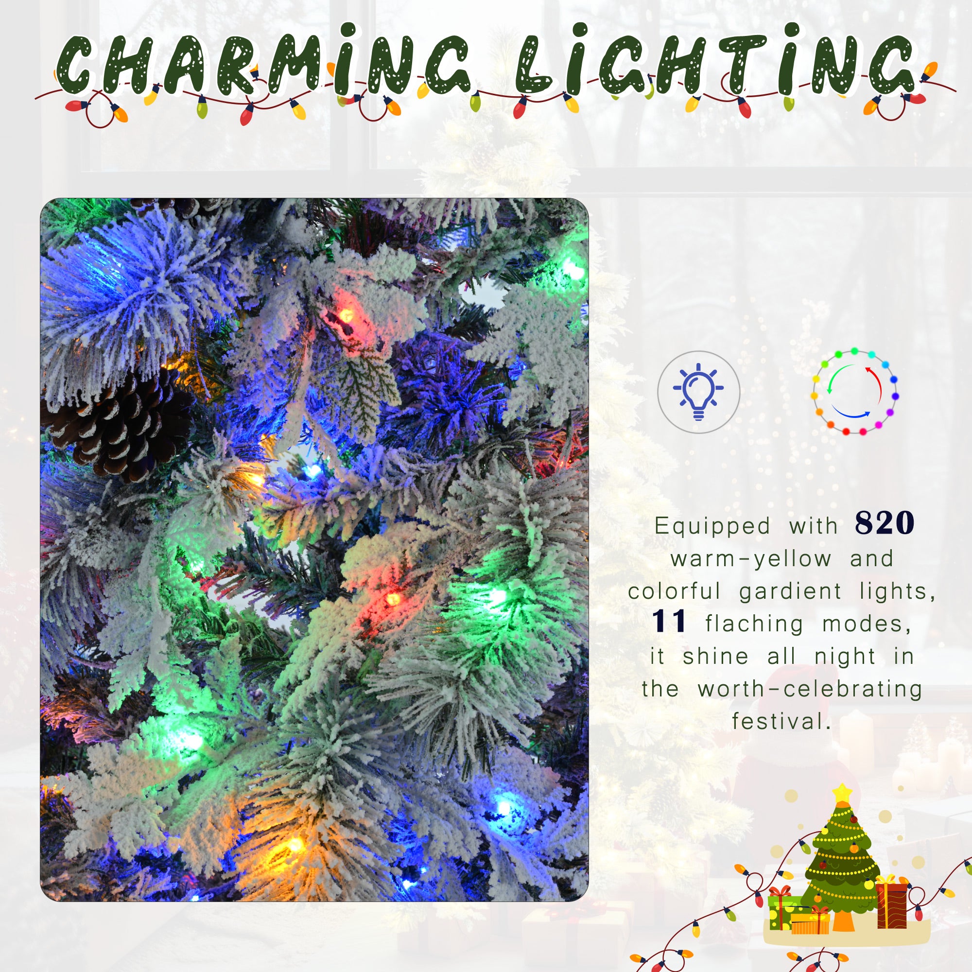 koorbiir ar5 6FT Pre-Lit Artificial Spruce Snow Flocked Christmas Tree with Pine Cones, 403 Branch Tips, 250 Multi-Color LED Lights, 11 Flashing Modes, Holiday D¨¦cor