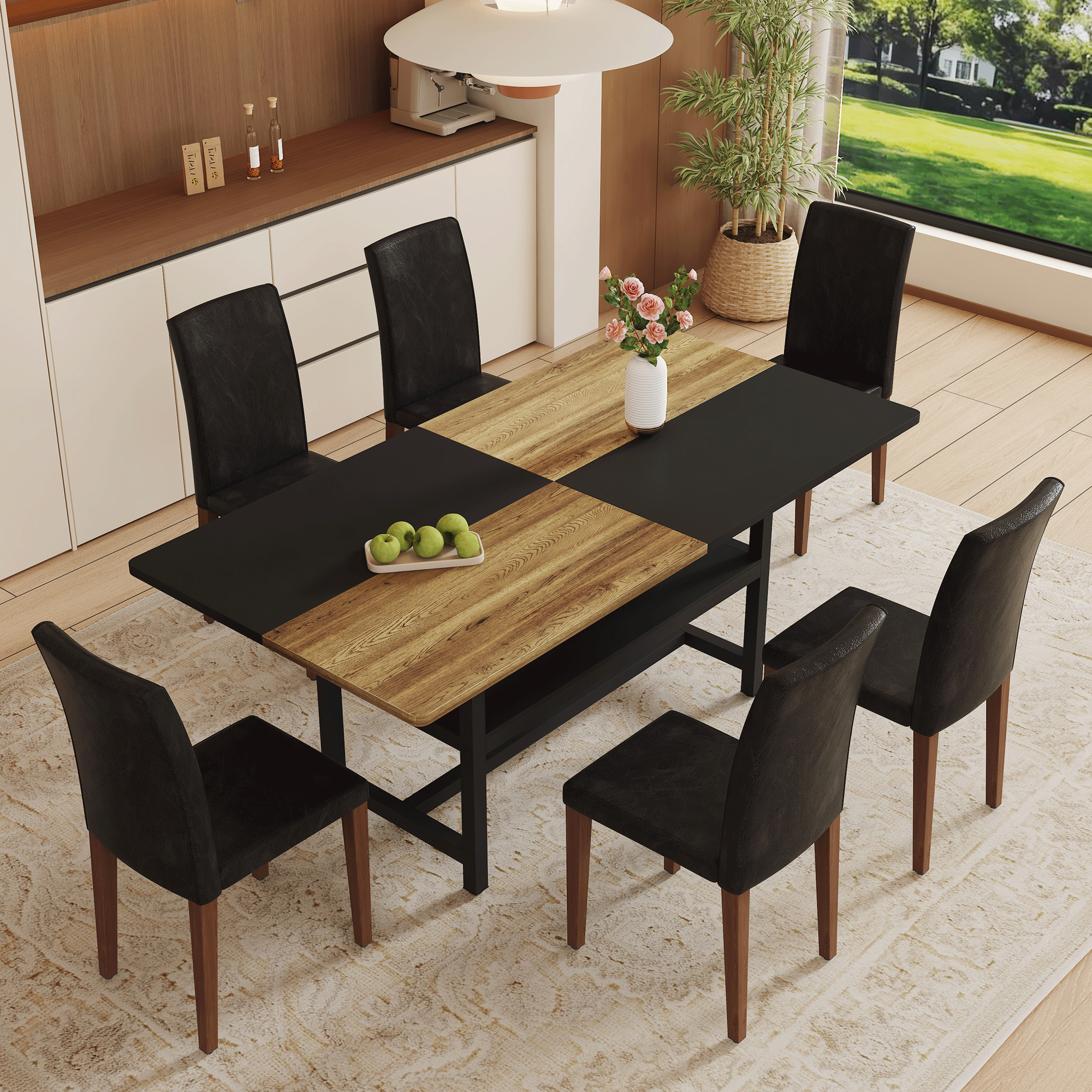 koorbiir ta5 71" x 35.4" Wooden & Black Spliced Dining Table with Middle Storage ¨C 8 Light Gray Linen-Cotton Chairs, Simple and Versatile Table Linens Set