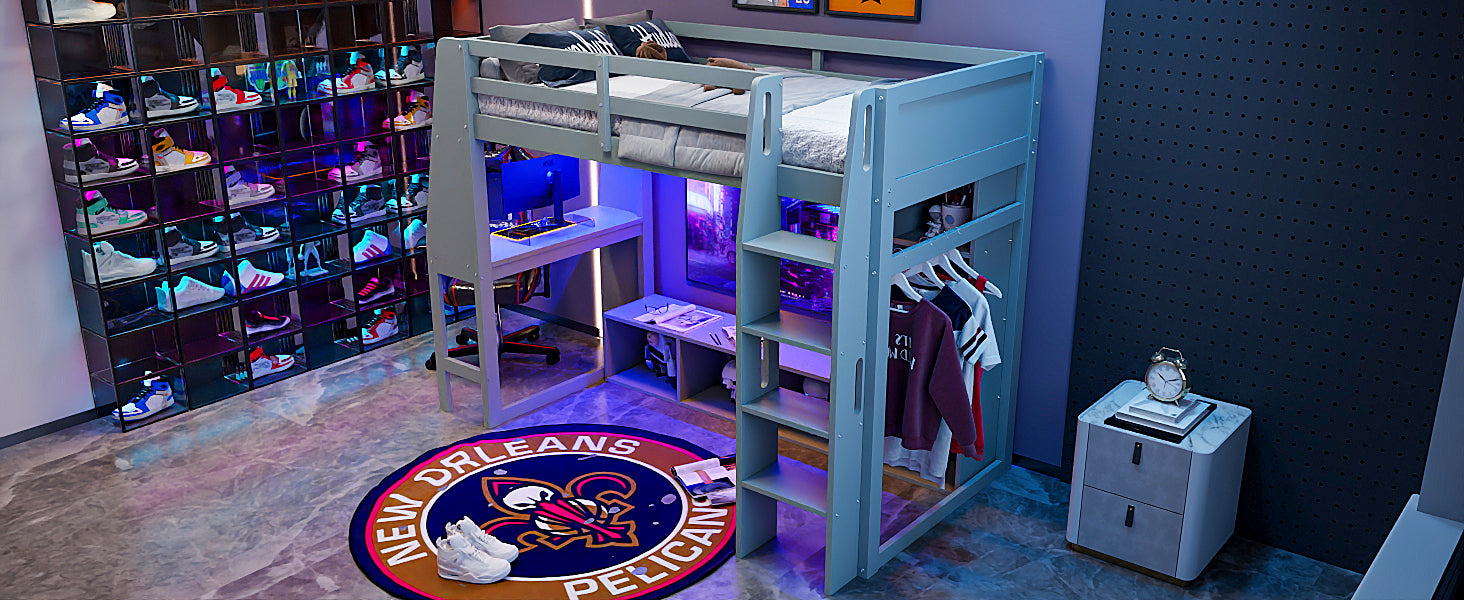 koorbiir G4 Wood Full Size Gaming Loft Bed with Built-In Gaming Desk, Multi-Storage Shelves, LED & Hanging Clothes Rack ¨C Gray