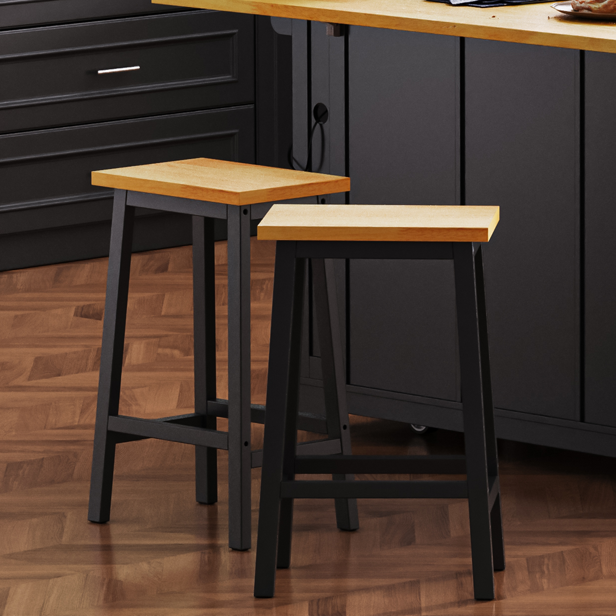 koorbiir k1 K&K 53" Large Kitchen Island with Storage, 2 Bar Stools, Power Outlet, Drop Leaf, 5 Open Side Racks & 3 Drawers ¨C Mobile Kitchen Storage Cart with Wheels for Kitchen & Dining Room, Black